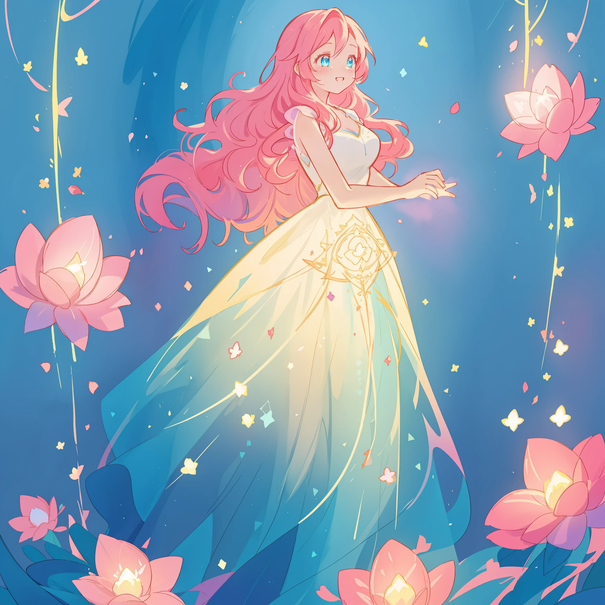 beautiful girl in flowing gradient layered ballgown, flowing pink hair, blue watercolor background, glowing lights and red flowers border, whimsical fantasia and flowers background, vibrant pastel colors, (colorful), magical lights, magical flowers, flowers, glowing lights, red pink long wavy hair, sparkling lines of light, inspired by Glen Keane, inspired by Lois van Baarle, disney art style, by Lois van Baarle, glowing aura around her, by Glen Keane, jen bartel, glowing lights! digital painting, flowing glowing hair, glowing flowing hair, beautiful digital illustration, fantasia background, whimsical, magical, fantasy, beautiful face, ((masterpiece, best quality)), intricate details, highly detailed, sharp focus, 8k resolution, sparkling detailed eyes, liquid watercolor