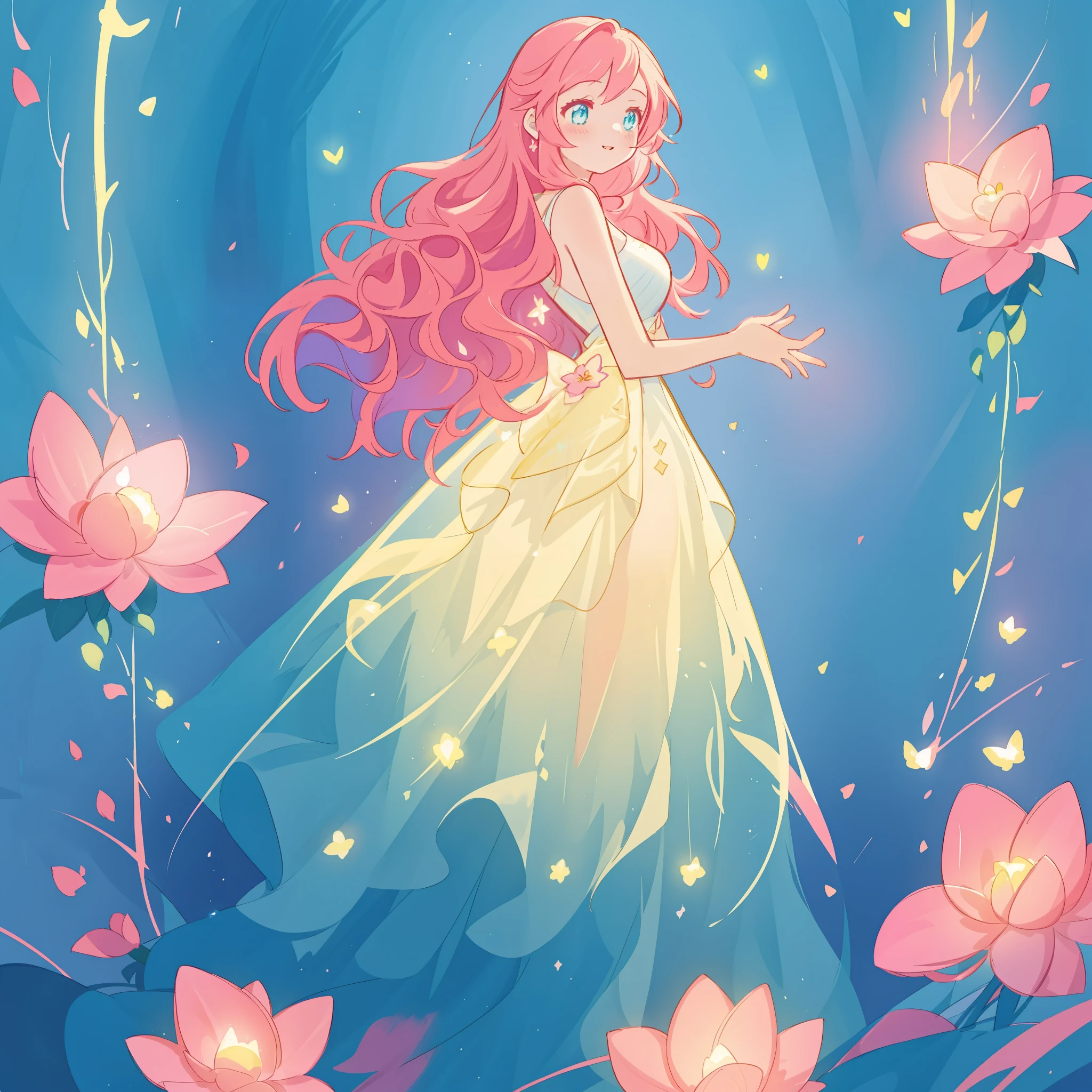 beautiful girl in flowing gradient layered ballgown, flowing pink hair, blue watercolor background, glowing lights and red flowers border, whimsical fantasia and flowers background, vibrant pastel colors, (colorful), magical lights, magical flowers, flowers, glowing lights, red pink long wavy hair, sparkling lines of light, inspired by Glen Keane, inspired by Lois van Baarle, disney art style, by Lois van Baarle, glowing aura around her, by Glen Keane, jen bartel, glowing lights! digital painting, flowing glowing hair, glowing flowing hair, beautiful digital illustration, fantasia background, whimsical, magical, fantasy, beautiful face, ((masterpiece, best quality)), intricate details, highly detailed, sharp focus, 8k resolution, sparkling detailed eyes, liquid watercolor