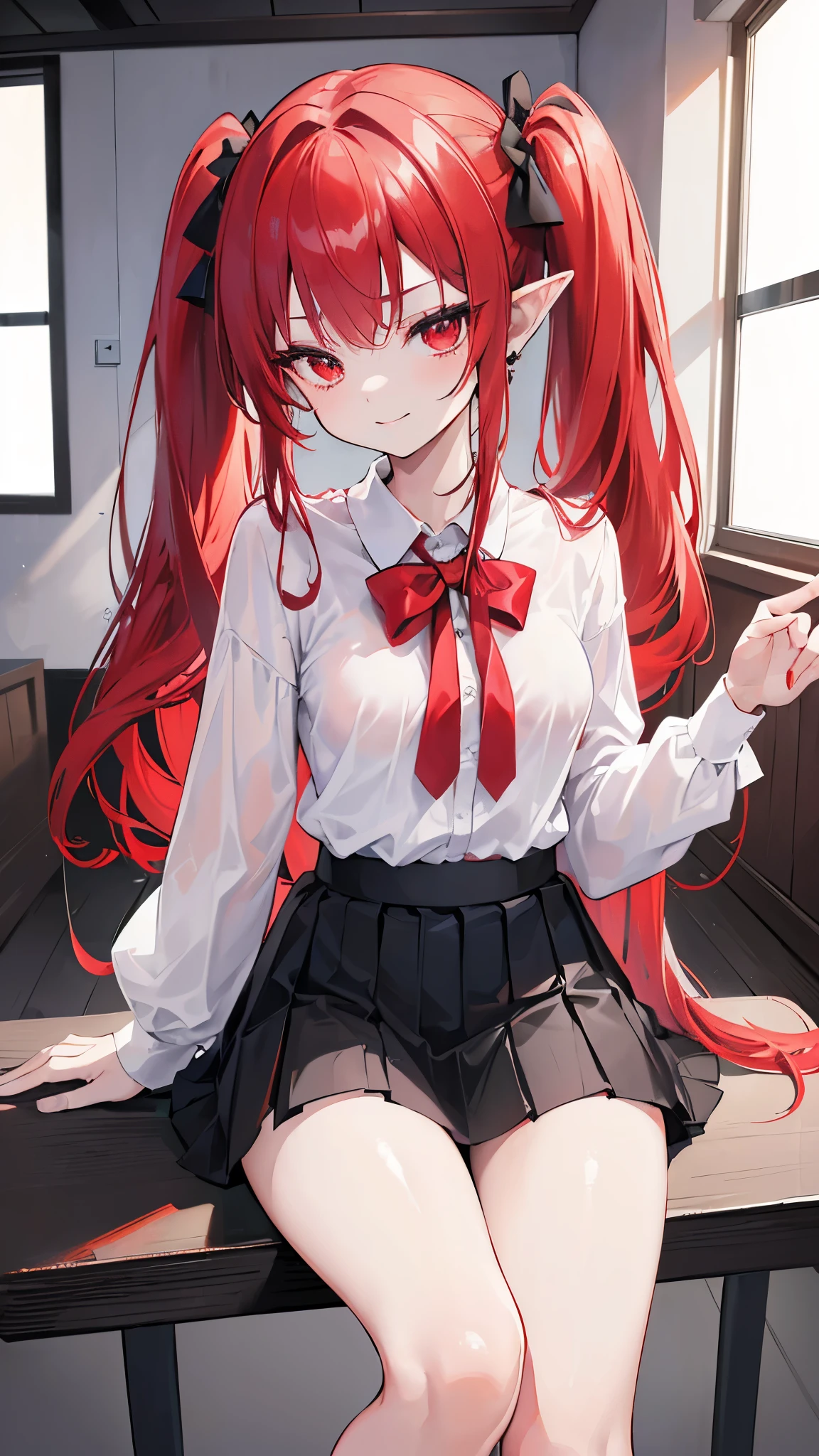 (8K、Highest image quality、highest quality、masterpiece)、detailed face、((one ))、red hair、medium hair、twintails、red eyes、pointed ears、evil smile、((small breasts))、((open cloth white shirt))、black lace bra))、((black pleated skirt))、((miniskirt))、open legs、sit at desk、classroom background、((nsfw))