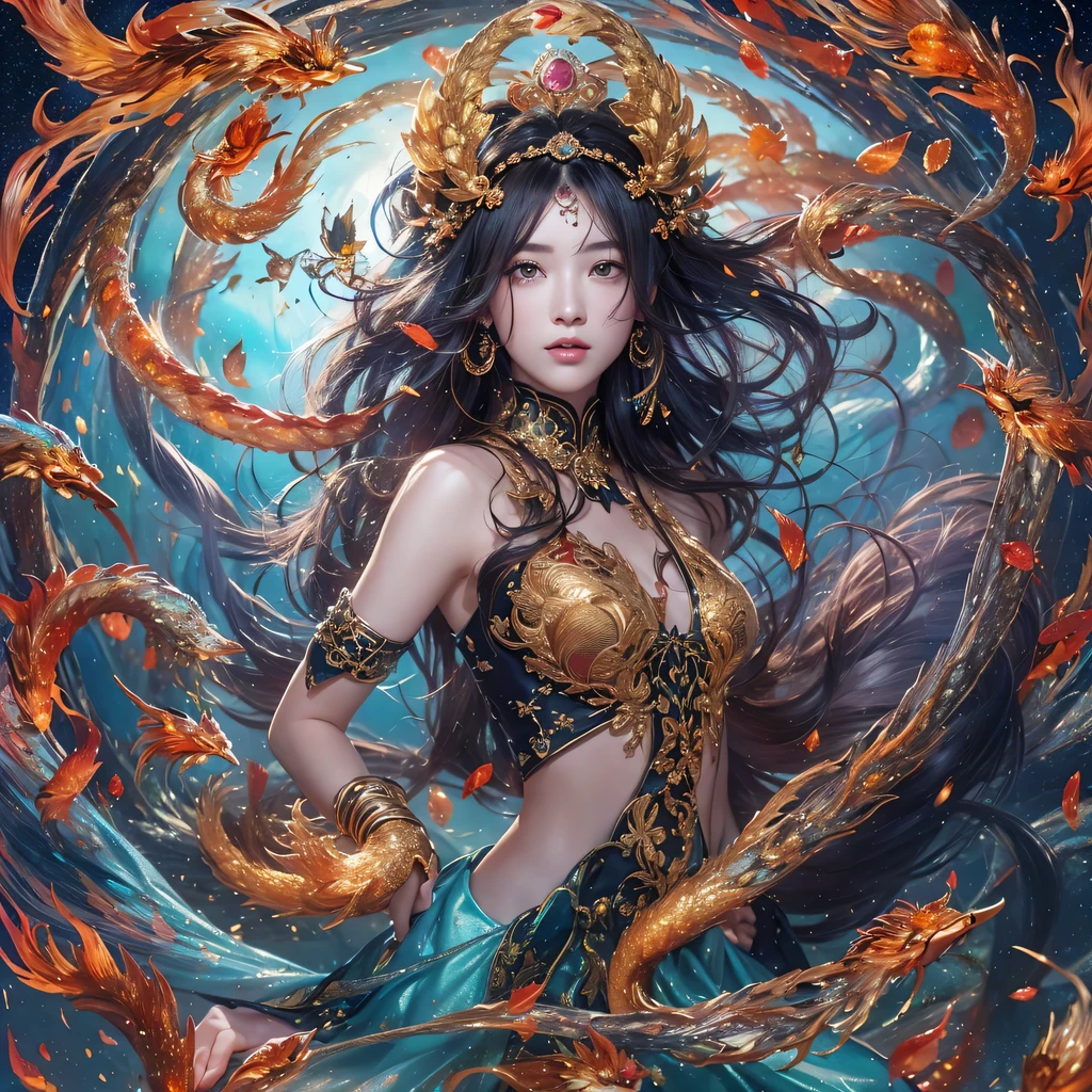 Feitian Nine Tails Light Blue Celestial Master Flame Hairy Fox Star，novel，Torch Night Black Gold Orange Snake Print Silk Trousers，Rouge Diamond Tulle Sheer Lizard Print，Fat girl flying in space in the snow 1:900 miniatures，Front view，pure transparency，put on boxing gloves，Wear gold-framed reflective sunglasses，Panoramic super wide angle，very happy，Authentic and delicate texture，Strong visual impact，Super detailed，dream girl，delicate face型，beautiful eyes，Hair floating in the air， Cherry style，Zhou Xiaotong，crystal clear，Good sense of perspective，Light and shadow effects，16K smooth，surface reflected light，flowing black hair，Water Goddess 32K，complicated，grace，Very detailed，magnificent，digital photography，Autumn Cowboy Shooting，Surrealism，broken ruby，defeat magic，Water magic entanglement，（masterpiece，movie lighting，beautiful eyes：1.2），high dynamic range，void 5 energy storm，(china 1 girl，black eyes:1.5），rouge skin，glowing skin，(sit on stone：1.5），delicate face，black hair，Put on gorgeous golden armor，take off shoulders，，short skirt，beautiful golden armor，it&#39;It&#39;s raining，beautiful big breasts，looking at the audience，Turn your back to the camera，masterpiece，side,side portrait close-up