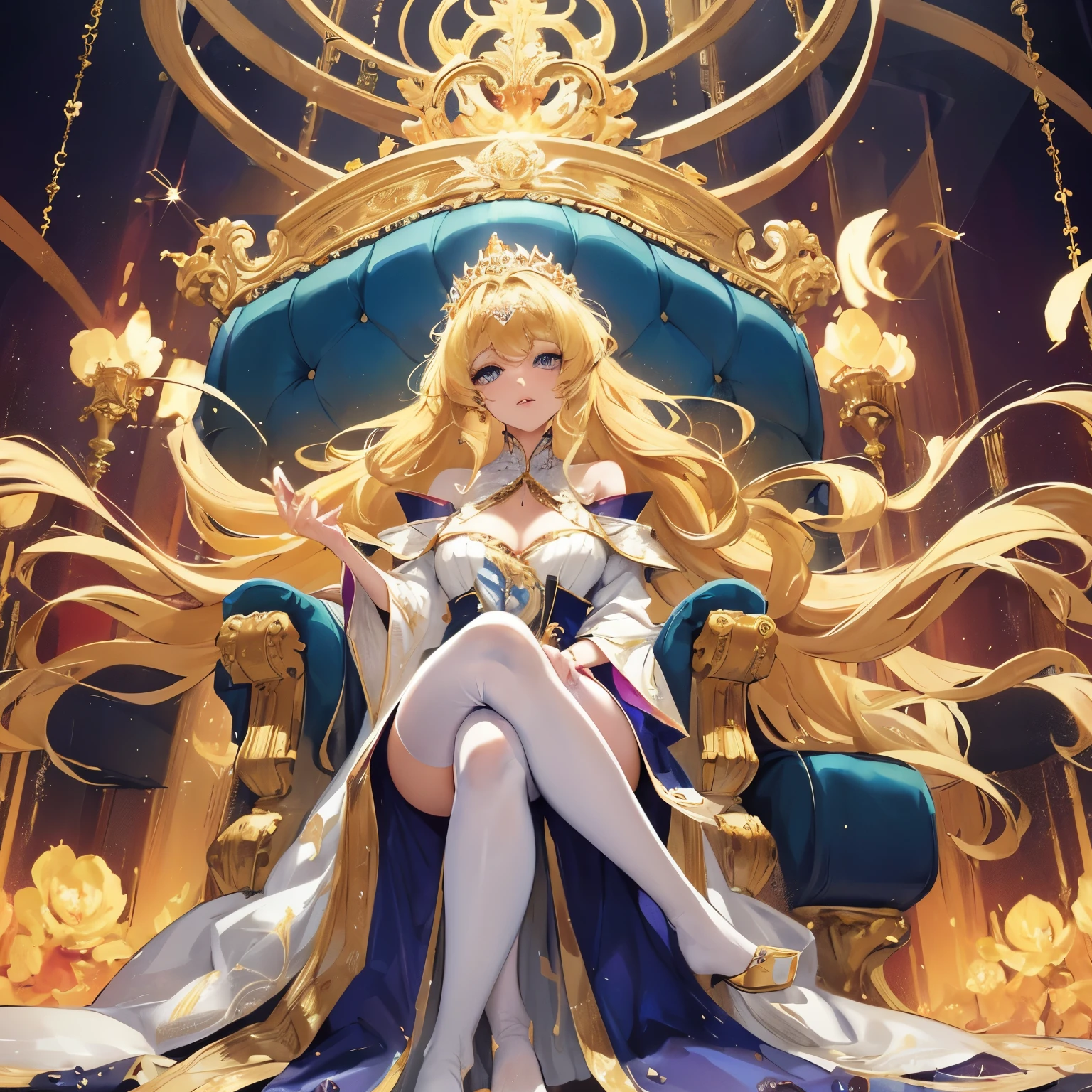 The incredible beauty golden-haired blonde has a pretty slender figure. She has long golden hair and large bright blue eyes, her face is worked out to the smallest detail, the whole face is completely, the girl is dressed in an elegant, luxurious dress embroidered with gold, which emphasizes her charms. The girl sits cross-legged on a golden throne and radiates extraordinary charm and beauty. In her hands she holds an energy ball, from which sparkling light emanates between her fingers. Colorful energy balls hover in the air behind her, reflecting her power and control over the supernatural realms. The girl looks like a brilliant sultana with indescribable abilities. She can manipulate time and space, control energy and reality with amazing grace. This image reflects his strength and superb elegance, as well as a stunning radiance that attracts and dazzles everyone who looks at him from below. Open cleavage, medium chest, excellent quality, lots of details, Puri focus Sharp and realistic.