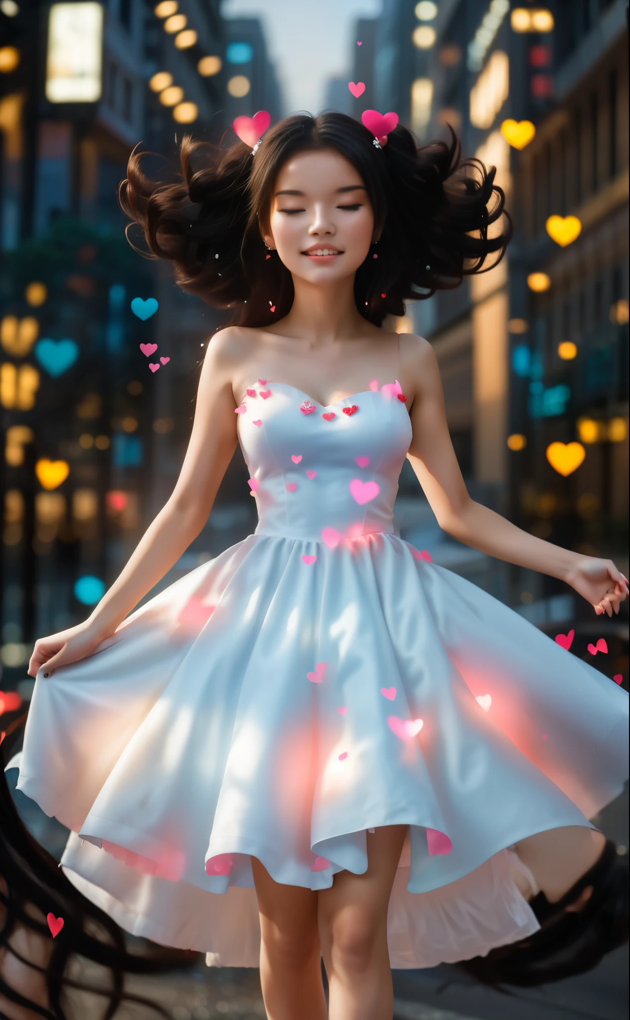 16K, Masterpiece, photorealism, a young woman stands in full height, a girl with dark long hair, she is happy, the girl is dressed in a white dress strewn with hearts, the location is city, in the bokeh form of hearts