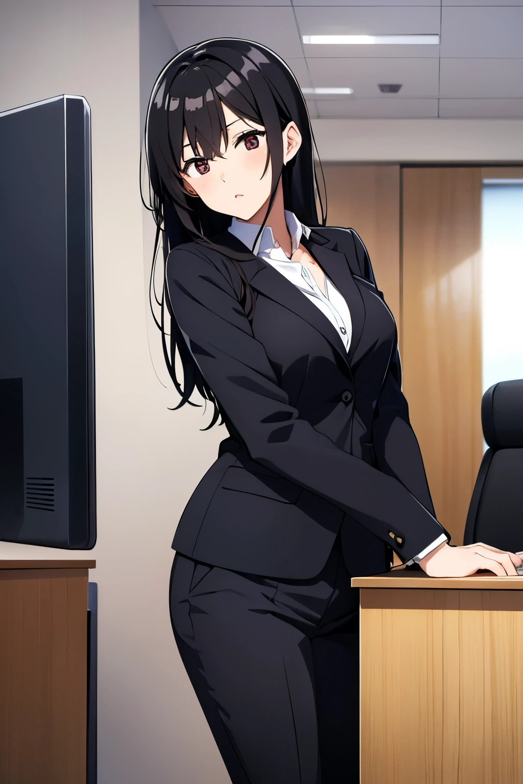 masterpiece, highest quality, High resolution, disorganized, Yukinoshita_Yukino, 1 girl, black hair,, suit clothing, sobu high in the office,Working,panic