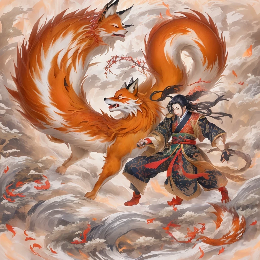 Nine-tailed fox 32k，red and white仙魔界, Chance encounter with Liu Hanshu, He saw his old self in him, Decided to accept him as a disciple, teach him how to protect himself, But because of the hidden star map, Phoenix and the Liu family、Jade Sword Sect builds relationships, Beginning with the death of Liu Hanshu, Qin Yu embarked on the road of confrontation with powerful enemies, work hard, make yourself stronger, Stick to your core path of justice, （nine-tailed fox）eyes full of anger，red and whitenine-tailed fox握緊了拳頭，dash forward，Give the opponent a fatal blow，full body lesbian，Full body nine-tailed fox male mage 32k（傑作canyon超HD）Phoenix（canyon）climb the streets， explosion scene（nine-tailed fox）， （dragon）， nine-tailed fox憤怒的戰鬥姿態， looking at the ground， batik linen headscarf， 中國red and white圖案長袖服裝， canyonred and whitenine-tailed fox（abstract acrylic splash：1.2）red and white（realistically：1.4），black hair，flour fluttering，rainbow background， high resolution， detail， RAW photos， Sharp Re， Nikon D850 film photo by Jefferies Lee 4 Kodak Portra 400 camera F1.6 guns, colorful, Ultra-realistic and vivid textures, dramatic lighting, Unreal Engine Art Station Trend, Sinest 800，red and white飄逸的霧氣,（（（叢林canyon）））The injured line up in the street（OK）climb the streets，Movie Master Instant Image Quality（masterpiece，HD，Ultra high quality，32k） （linen batik scarf）， fighting stance， looking at the ground， Linen bandana， 中國nine-tailed fox圖案長袖服裝， 早上的nine-tailed fox（Abstract gouache splash：1.2）， dark clouds lightning background，sprinkling