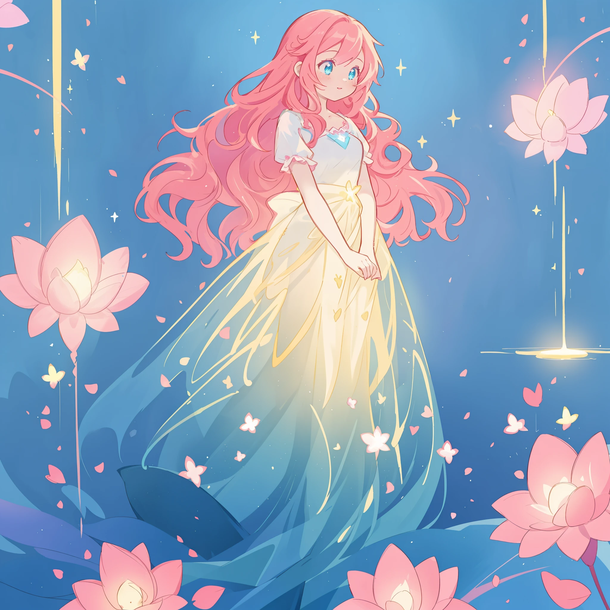 beautiful girl in flowing gradient layered ballgown, flowing pink hair, blue watercolor background, glowing lights and red flowers border, whimsical fantasia and flowers background, vibrant pastel colors, (colorful), magical lights, magical flowers, flowers, glowing lights, red pink long wavy hair, sparkling lines of light, inspired by Glen Keane, inspired by Lois van Baarle, disney art style, by Lois van Baarle, glowing aura around her, by Glen Keane, jen bartel, glowing lights! digital painting, flowing glowing hair, glowing flowing hair, beautiful digital illustration, fantasia background, whimsical, magical, fantasy, beautiful face, ((masterpiece, best quality)), intricate details, highly detailed, sharp focus, 8k resolution, sparkling detailed eyes, liquid watercolor