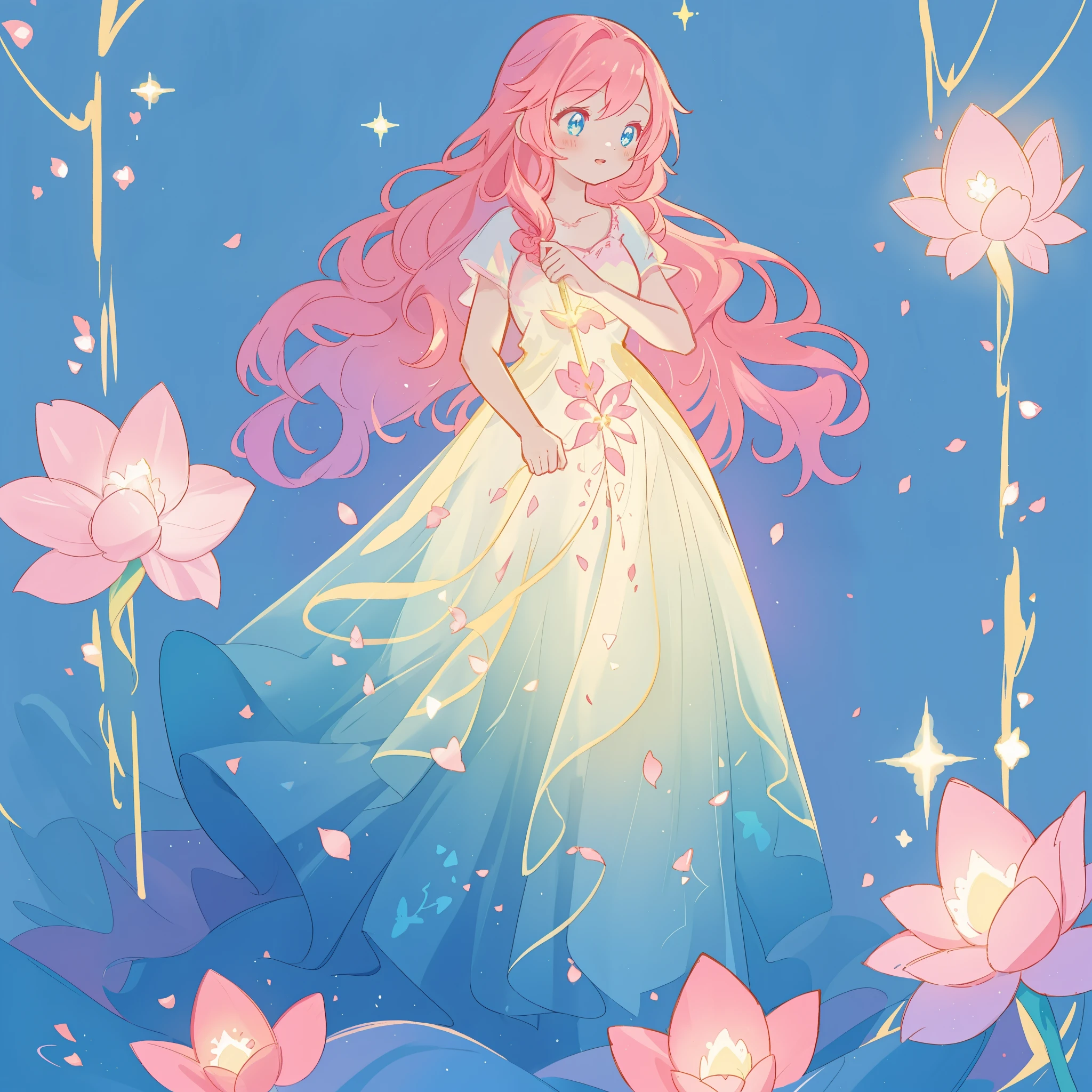 beautiful girl in flowing gradient layered ballgown, flowing pink hair, blue watercolor background, glowing lights and red flowers border, whimsical fantasia and flowers background, vibrant pastel colors, (colorful), magical lights, magical flowers, flowers, glowing lights, red pink long wavy hair, sparkling lines of light, inspired by Glen Keane, inspired by Lois van Baarle, disney art style, by Lois van Baarle, glowing aura around her, by Glen Keane, jen bartel, glowing lights! digital painting, flowing glowing hair, glowing flowing hair, beautiful digital illustration, fantasia background, whimsical, magical, fantasy, beautiful face, ((masterpiece, best quality)), intricate details, highly detailed, sharp focus, 8k resolution, sparkling detailed eyes, liquid watercolor