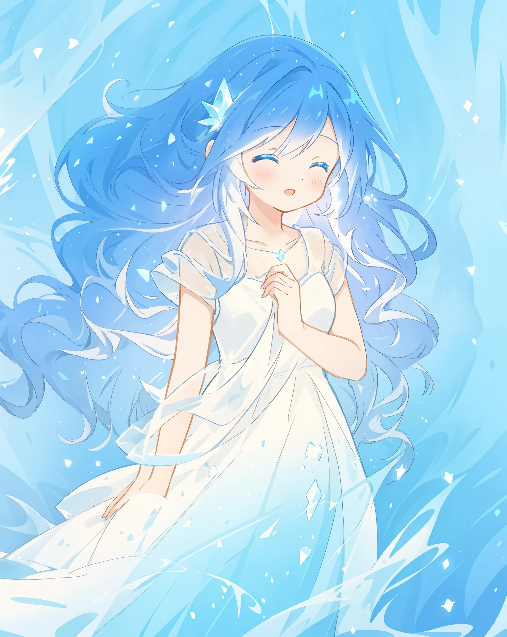 beautiful girl, glowing white and blue gradient ballgown, sparkling swirling water background, long flowing hair, beautiful girl with glowing skin, glowing water background, watercolor illustration, disney art style, glowing aura around her, flowing glowing hair, glowing flowing hair, fantasia otherworldly landscape, beautiful, masterpiece, best quality