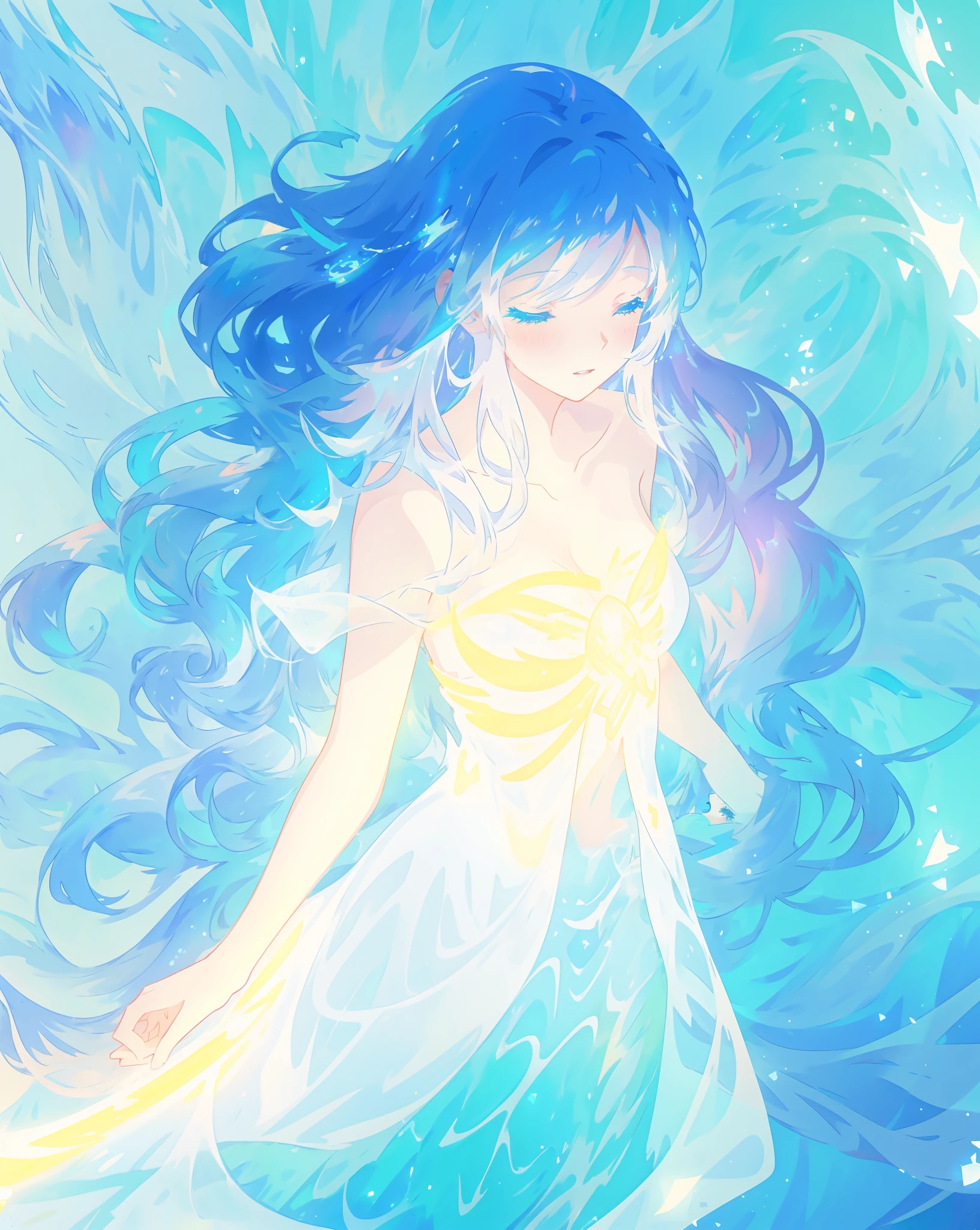 beautiful girl, glowing white and blue gradient ballgown, sparkling swirling water background, long flowing hair, beautiful girl with glowing skin, glowing water background, watercolor illustration, disney art style, glowing aura around her, flowing glowing hair, glowing flowing hair, fantasia otherworldly landscape, beautiful, masterpiece, best quality