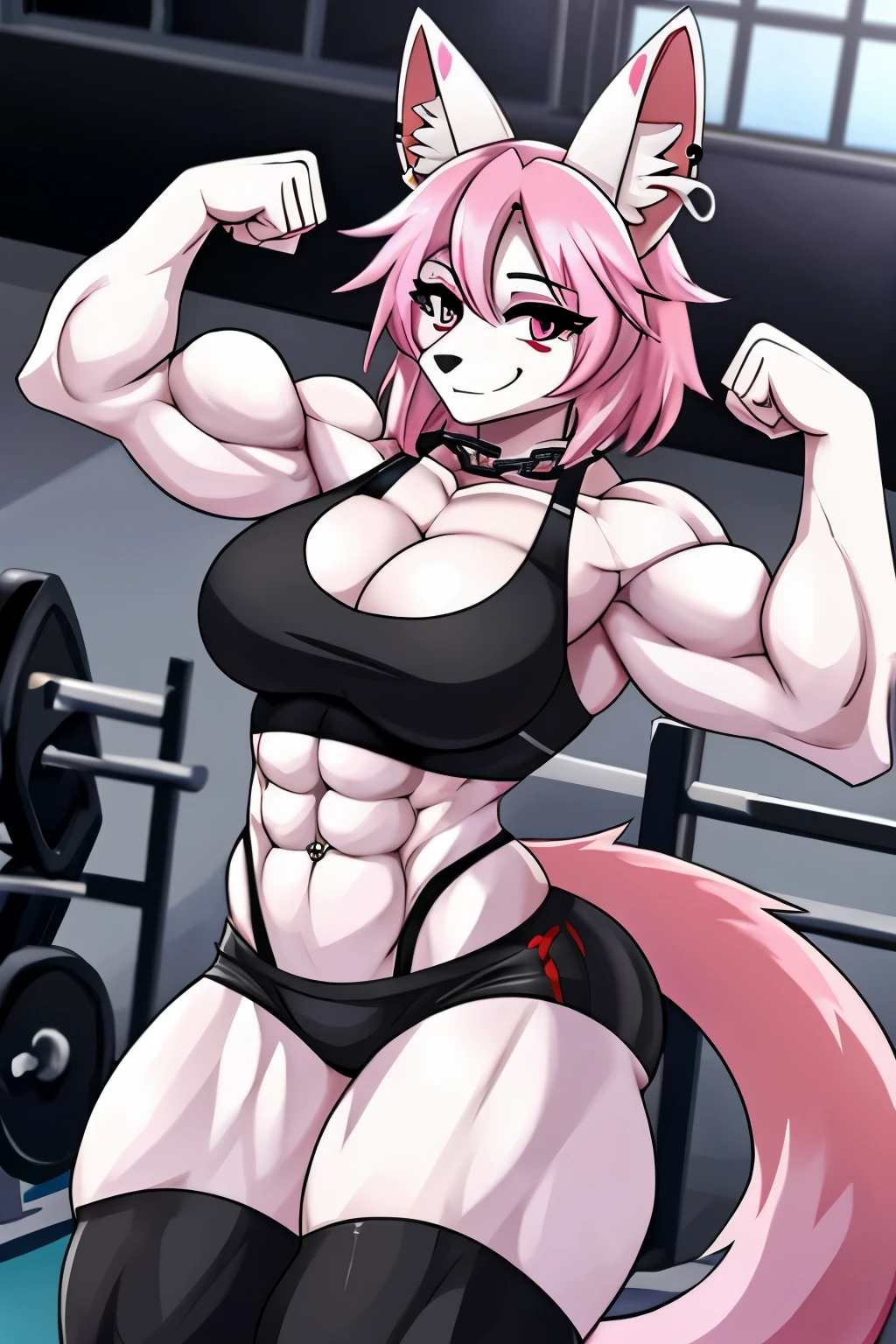 Five nights in anime, mangle, crop top giant  thigh high, abs,  pink hair, white body, big thighs, earrings, eyeliner, coller, pink tail, hourglass figure, in chains, GTS belly piercing, flexing, in gym, cleavage, smug