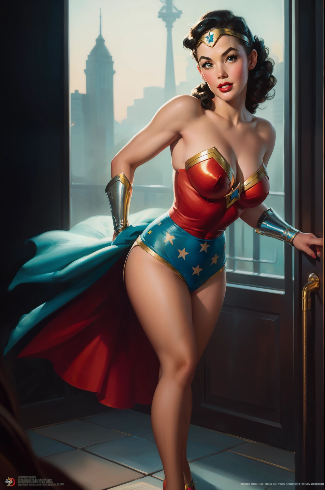 Wonder Woman, pin-up poster girl, pinup, pin up style, dramatic lighting, large breast, colorful , masterpieces, illustrated, detailed face, Detailed hands, detailed legs, tight body, pinup art style by Zoe Mozert