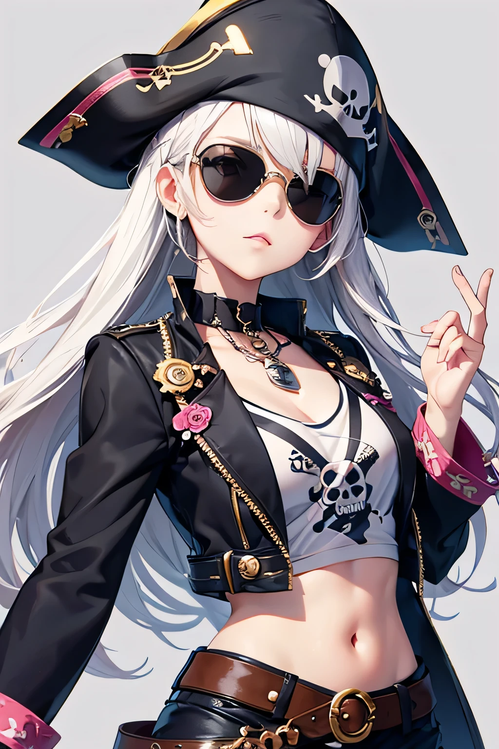 stylish design, cute lovely pirate skull, focus on the face, Stylish sunglasses, Fashionable hats, beautiful flower, highest quality