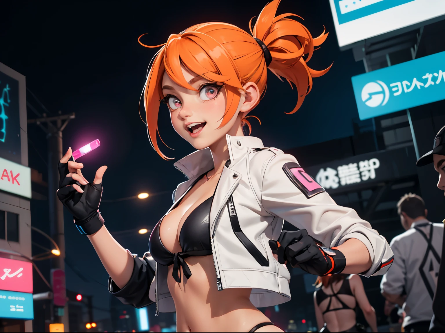 Draw a manga-style character with a physical appearance with this form of the hair Orange with black highlights, tied into two ponytails shaped like jaws, similar to Mawile from Pokémon, Pink color eyes, bright, and expressive and Build Slim and athletic, Attire Upper Body White leather jacket with cyberpunk details, such as integrated LED lights or futuristic lines, Lower Body Sporty bikini in orange, white, and black colors, blending with the cyberpunk style while allowing freedom of movement for physical activities, Personality Creative and curious Always seeking new experiences and forms of expression, Her creative mind drives her to constantly explore new ideas and concepts,glow bikini suggestive, white skin girl,smile coquette, small , ojos color rosa