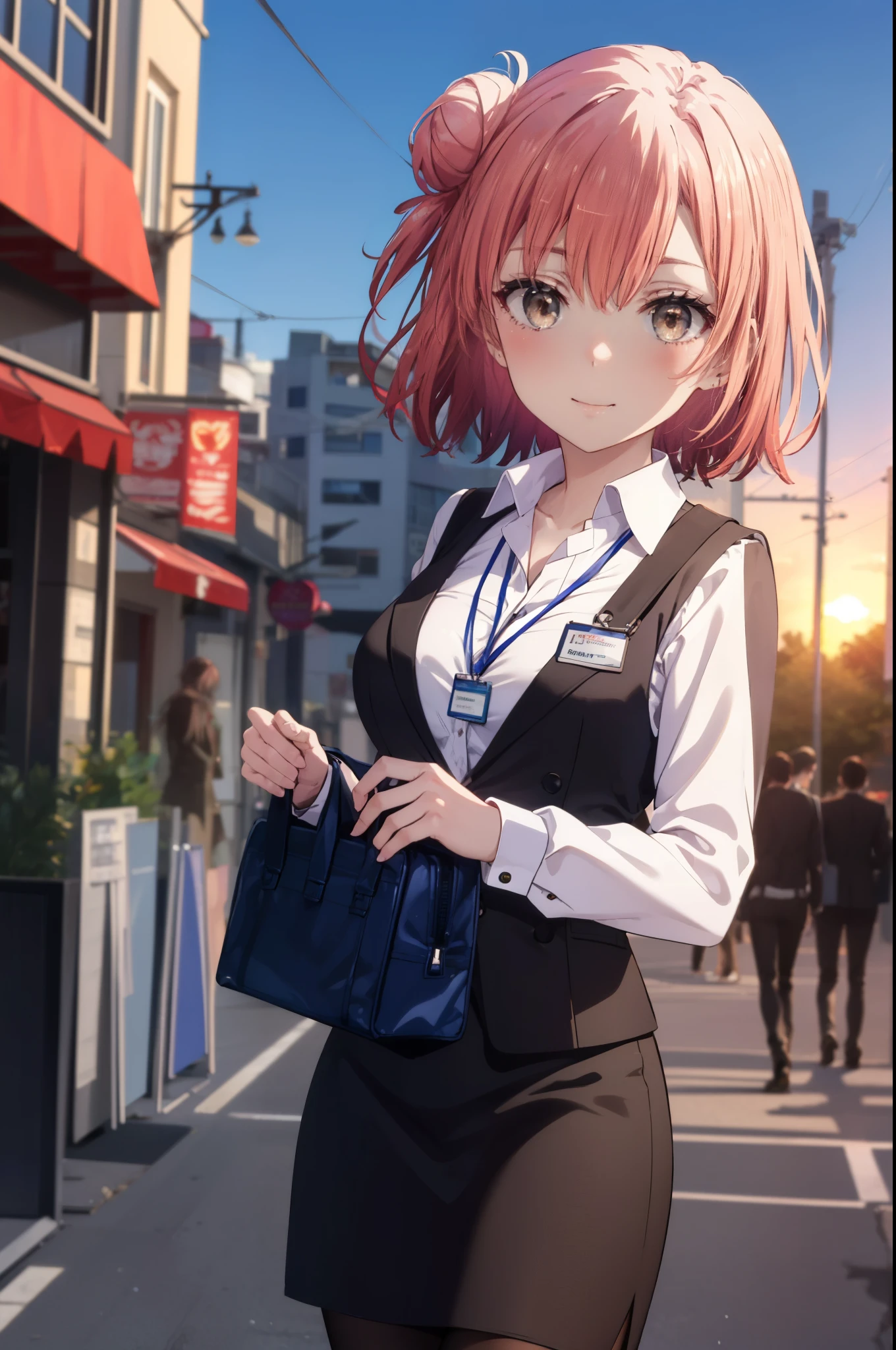 yuiyuigahama, yui yuigahama, short hair, (brown eyes:1.5), (pink hair:1.2), bun hair, single bun hair, smile, (big breasts:1.2),
, OL, black suit jacket, collared jacket, white dress shirt, collared shirt, neckline, button, strap, ID card on the neck, black pencil skirt, black pantyhose, stiletto heels,business bag,smile, blush, looking at the viewer,sunset,夕方
break outdoors ,In town,building street, break looking at viewer, (cowboy shot:1.5),
break (masterpiece:1.2), highest quality, High resolution, unity 8k wallpaper, (figure:0.8), (detailed and beautiful eyes:1.6), highly detailed face, perfect lighting, Very detailed CG, (perfect hands, perfect anatomy),