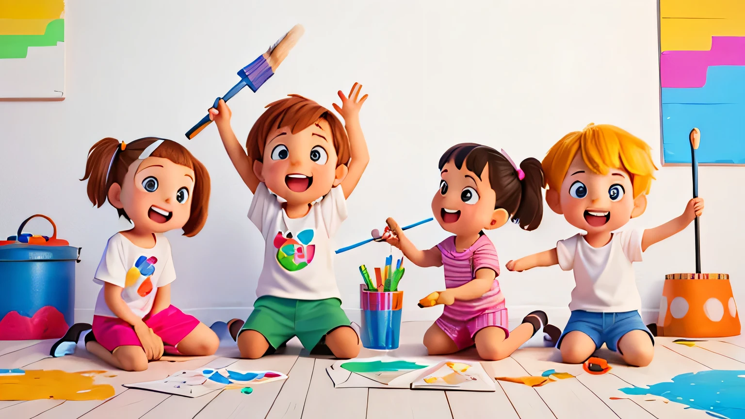 "Create an extravagant image with young children, meninos e meninas com dois anos de idade, comically painting a white wall with large brushes in a spectrum of vibrant colors. This humorous representation is intended to serve as the cover for an art notebook, convey the joyful and creative spirit of the artistic process with young children."