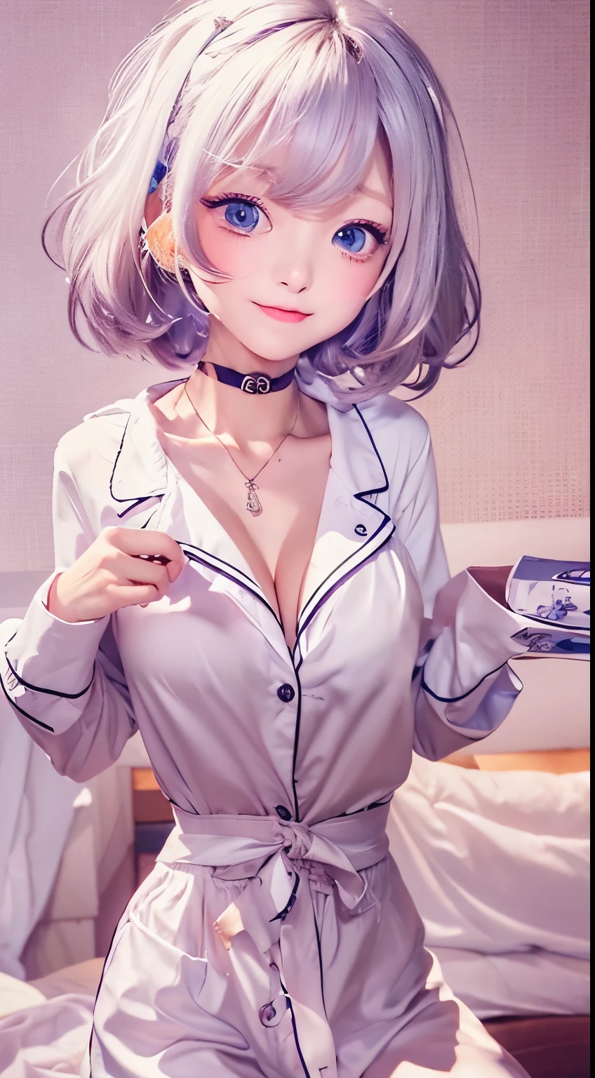 NSFW,((highest quality, 8k, masterpiece :1.3)), 1 girl, pretty woman with thin abs :1.3, (medium short hair, huge breasts :1.2), pajamas:1.1, super detailed face, fine eyes,