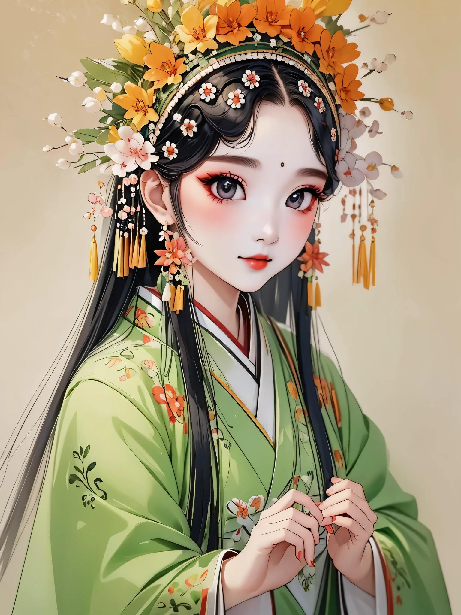 (masterpiece, best quality:1.2),fan design:1.37,(1 girl, alone,beautiful).(Exquisite facial features,eyelash,blush,long hair,Exquisite makeup),黑色long hair,Hanfu,tassel,Butterfly,peony,symmetry,White background,