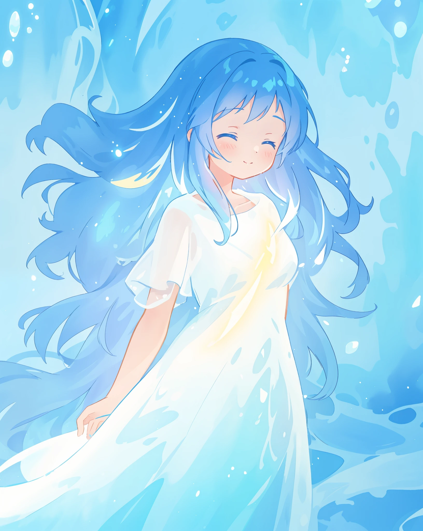 beautiful girl, glowing white and blue gradient ballgown, sparkling swirling water background, long flowing hair, beautiful girl with glowing skin, glowing water background, watercolor illustration, disney art style, glowing aura around her, flowing glowing hair, glowing flowing hair, fantasia otherworldly landscape, beautiful, masterpiece, best quality