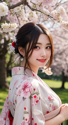table top, highest quality, figure, super detailed, finely, High resolution, 8k wallpaper, 完璧なダイナミックな構figure, detailed and beautiful eyes, kimono, natural lip, big breasts, natural hair, under the cherry tree,smile、