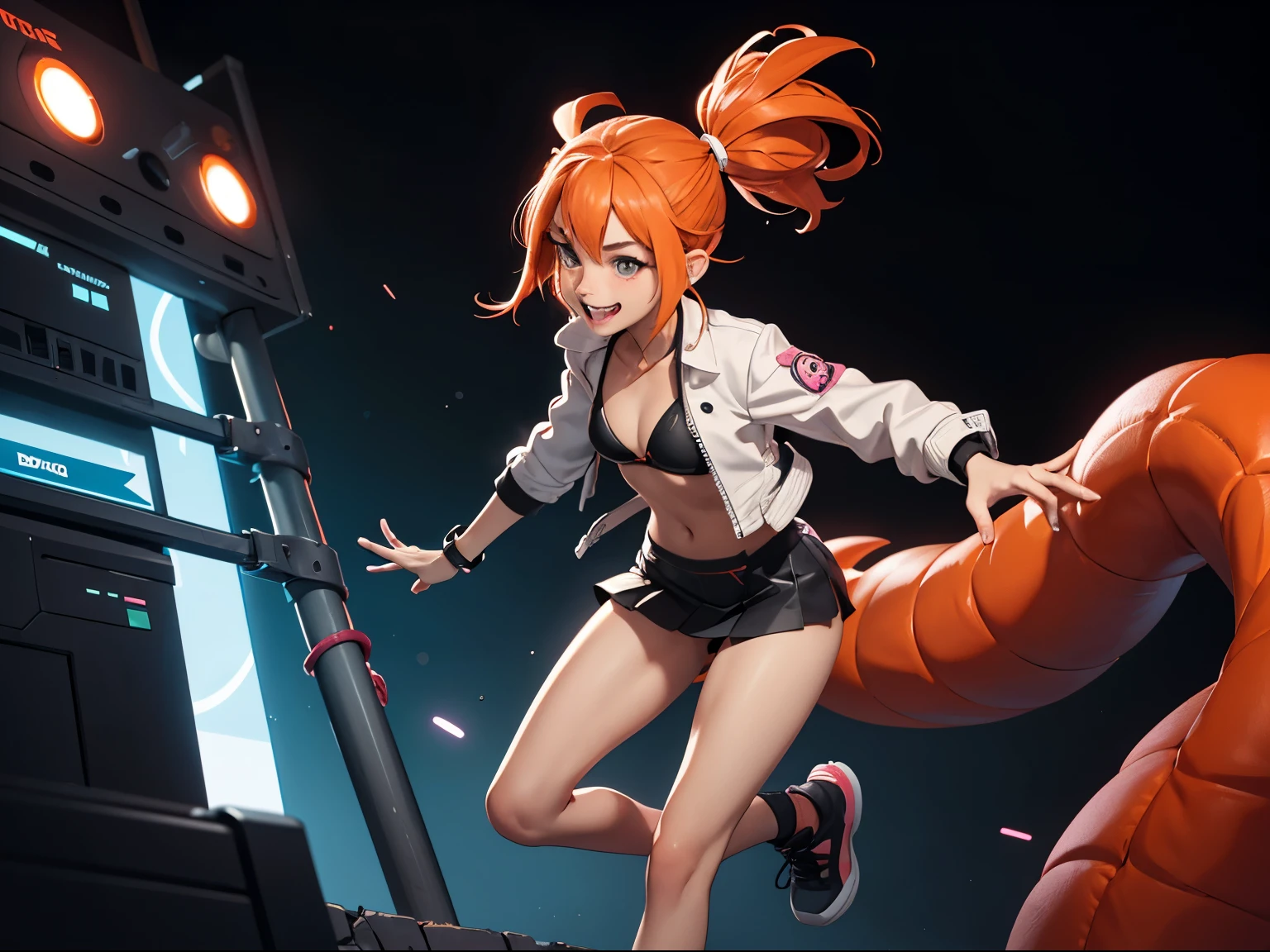 Draw a manga-style character with a physical appearance with this form of the hair Orange with black highlights, tied into two ponytails shaped like jaws, similar to Mawile from Pokémon, Pink color eyes, bright, and expressive and Build Slim and athletic, Attire Upper Body White leather jacket with cyberpunk details, such as integrated LED lights or futuristic lines, Lower Body Sporty bikini in orange, white, and black colors, blending with the cyberpunk style while allowing freedom of movement for physical activities, Personality Creative and curious Always seeking new experiences and forms of expression, Her creative mind drives her to constantly explore new ideas and concepts,glow bikini suggestive, white skin girl,smile coquette, small , ojos color rosa, mini skirt, full body
