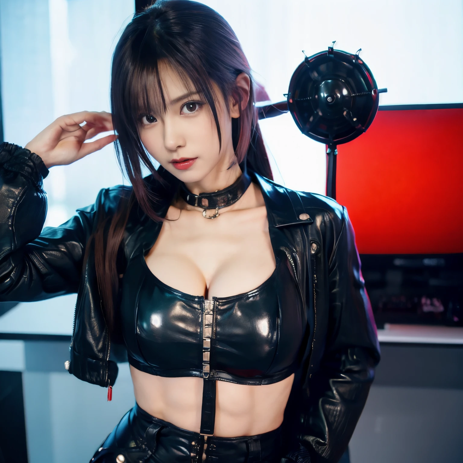 ((((Masterpiece)))), high quality, woman, devil, Tight leather jacket, white panties, white skin, tentacles, ahegao