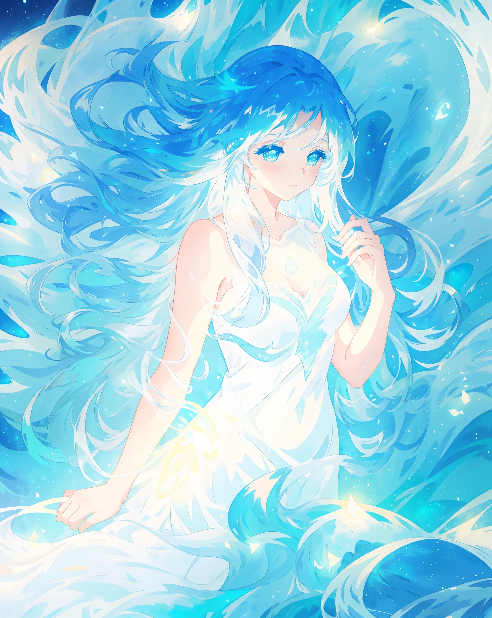 beautiful girl, glowing white and blue gradient ballgown, sparkling swirling water background, long flowing hair, beautiful girl with glowing skin, glowing water background, watercolor illustration, disney art style, glowing aura around her, flowing glowing hair, glowing flowing hair, fantasia otherworldly landscape, beautiful, masterpiece, best quality