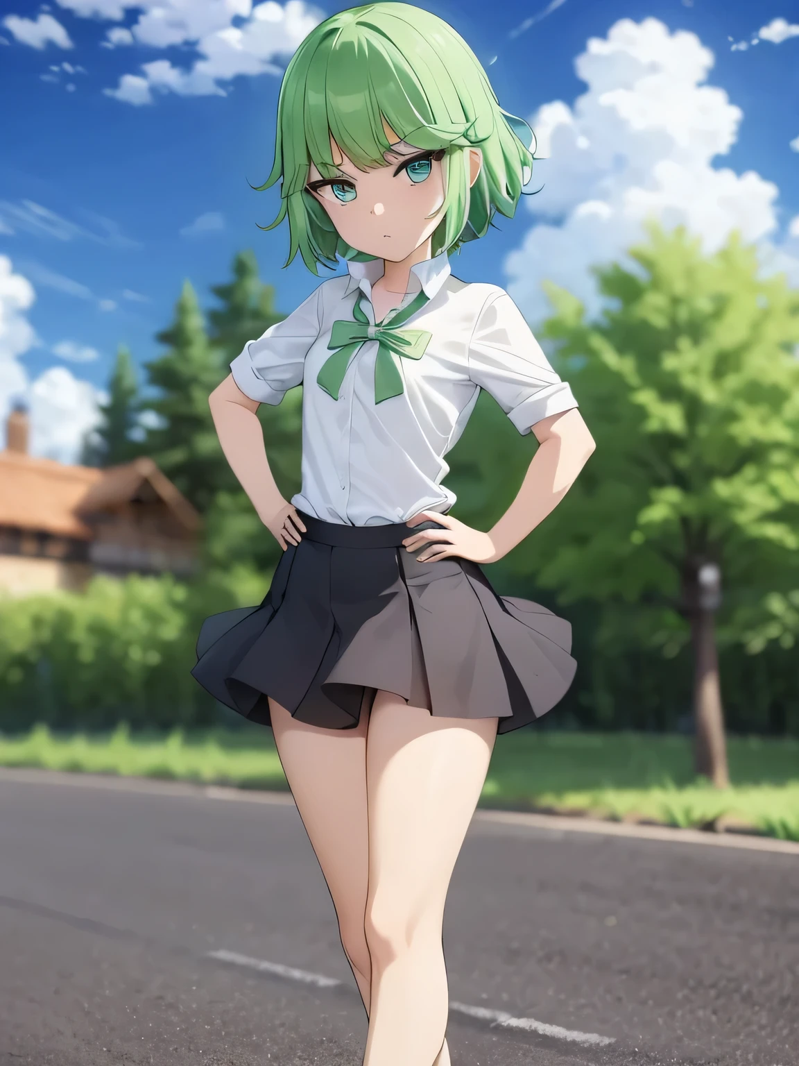 highest quality、ultra high resolution、Professional specifications、green hair,green eyes、cry、(collar),(lead)、(())、((flat chest))、medium hair、((The outline shines))、((stand with hands on hips:1.5))、((From under her feet:1.8))、small ass、((white panties))、school classroom、((10 years old))、loliconr legs)))