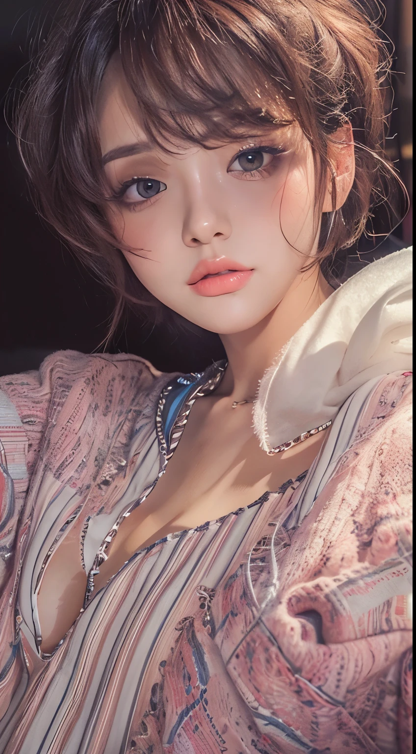 NSFW,((highest quality, 8k, masterpiece :1.3)), 1 girl, pretty woman with thin abs :1.3, (medium short hair, huge breasts :1.2), pajamas:1.1, super detailed face, fine eyes, 