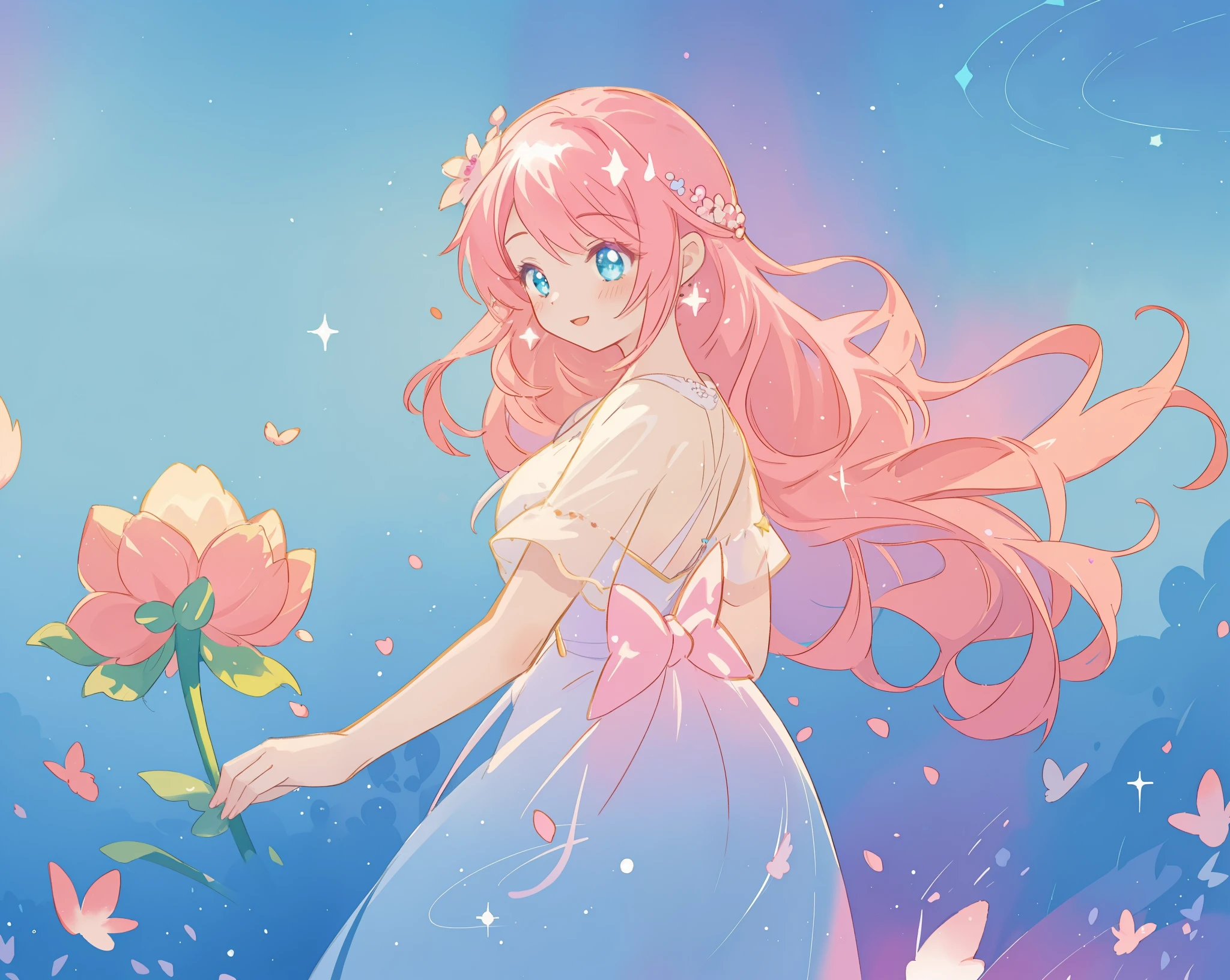 beautiful girl in sparkling flowing dress, long flowing pink hair, colorful fantasia background, watercolor illustration, disney art style, glowing aura around her, glowing lights, beautiful digital illustration, fantasia otherworldly landscape plants flowers, beautiful, masterpiece, best quality, anime disney style