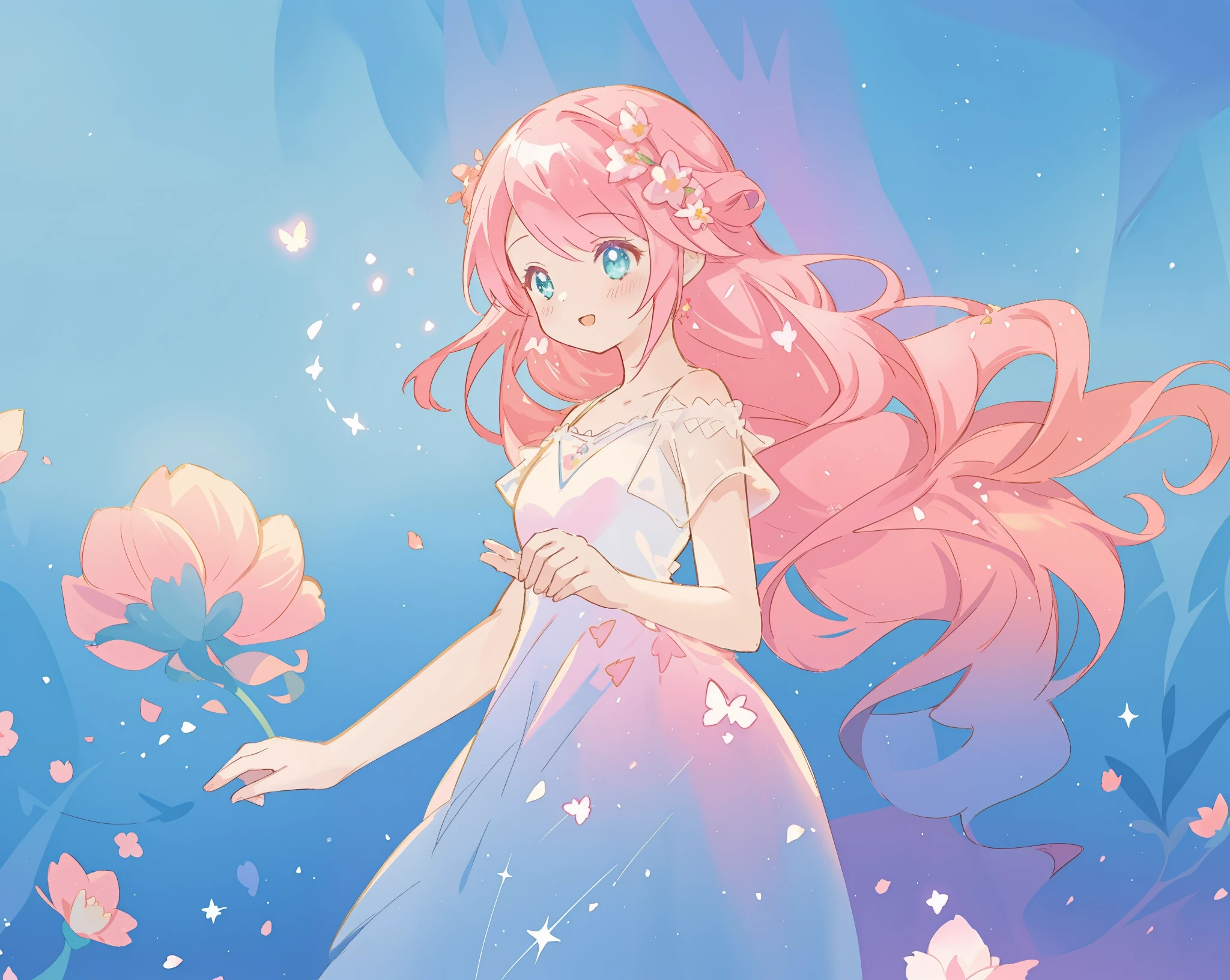 beautiful girl in sparkling flowing dress, long flowing pink hair, colorful fantasia background, watercolor illustration, disney art style, glowing aura around her, glowing lights, beautiful digital illustration, fantasia otherworldly landscape plants flowers, beautiful, masterpiece, best quality, anime disney style