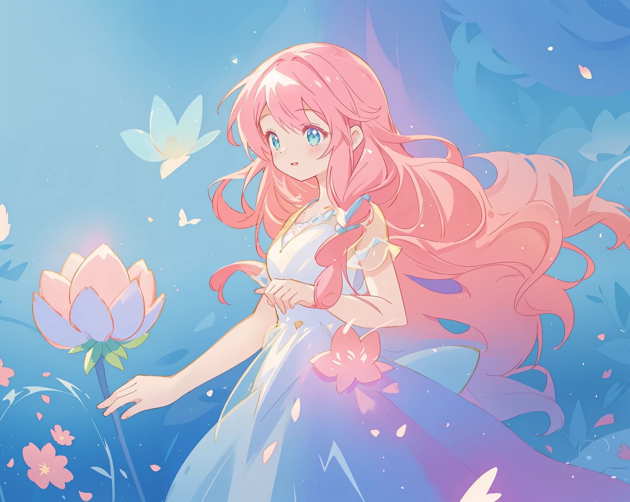 beautiful girl in sparkling flowing dress, long flowing pink hair, colorful fantasia background, watercolor illustration, disney art style, glowing aura around her, glowing lights, beautiful digital illustration, fantasia otherworldly landscape plants flowers, beautiful, masterpiece, best quality, anime disney style