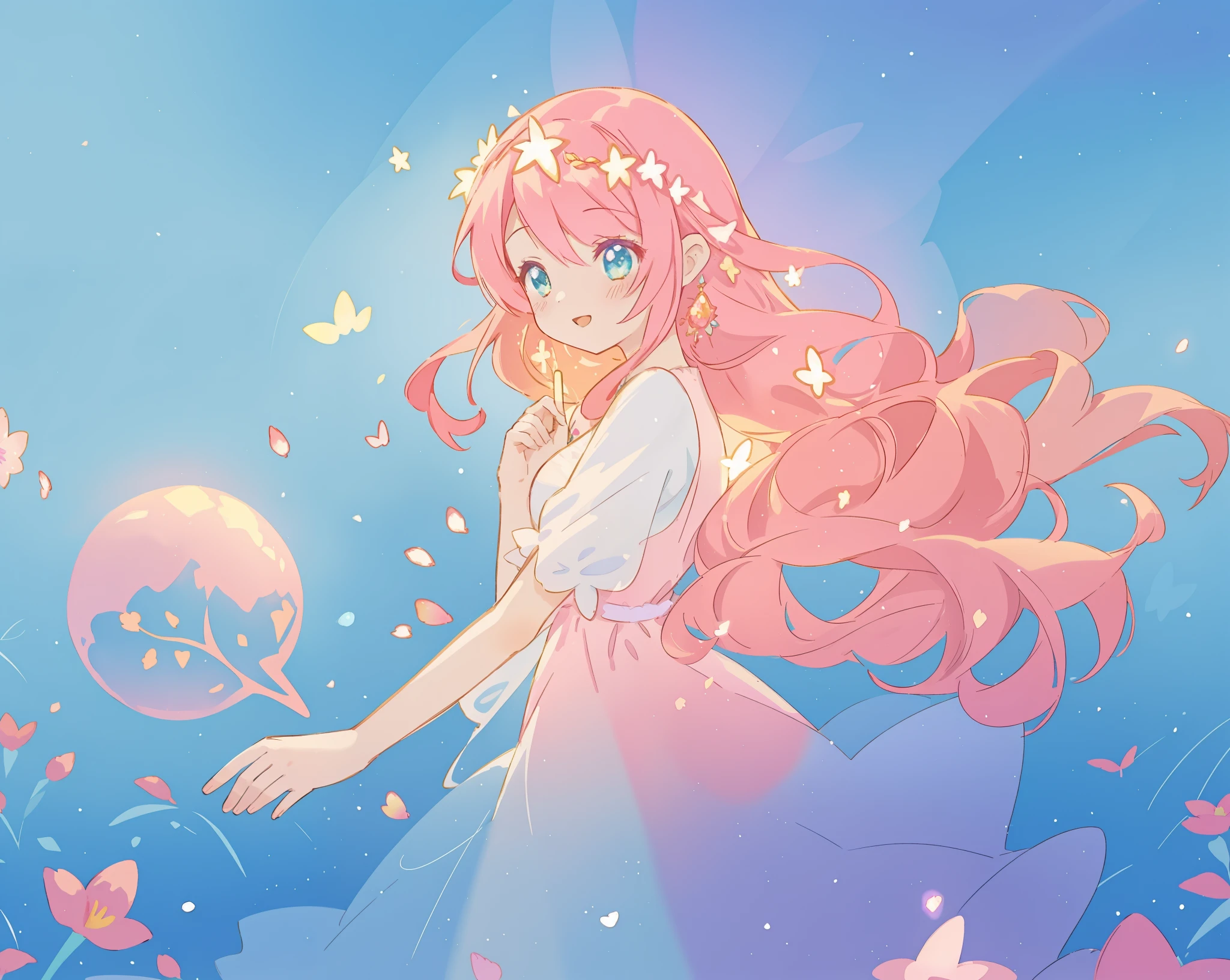 beautiful girl in sparkling flowing dress, long flowing pink hair, colorful fantasia background, watercolor illustration, disney art style, glowing aura around her, glowing lights, beautiful digital illustration, fantasia otherworldly landscape plants flowers, beautiful, masterpiece, best quality, anime disney style