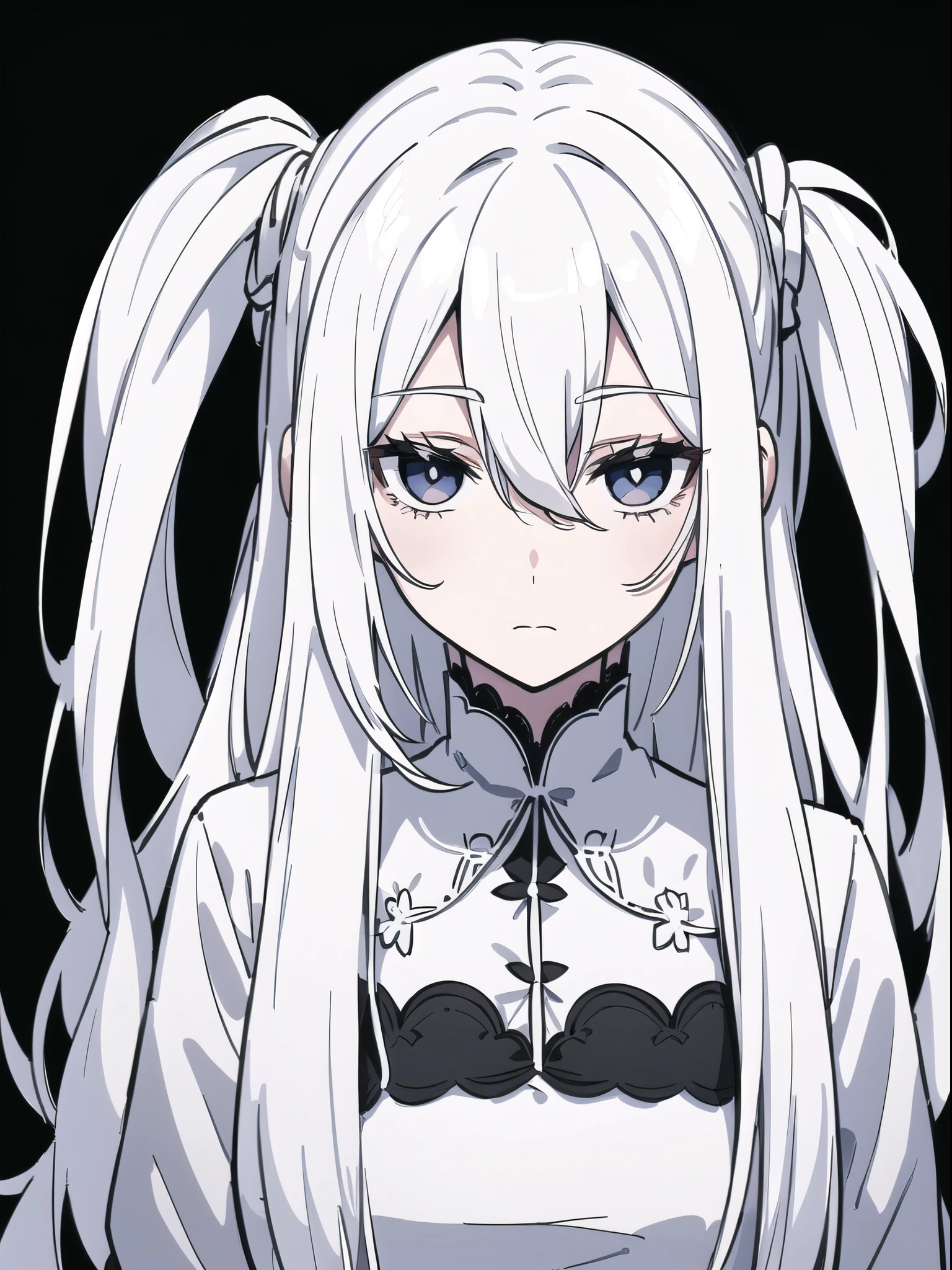 ((White hair)),((Head and Shoulders Image)),Sexy,A person,Alone,Simple style,pancake ,Simple details,Black background,Empty background,Black background wall,(20 year old woman),(Droopy hair),(White Gloves),(Evening Gown),(Lace Shirt),Lace,(confidence)