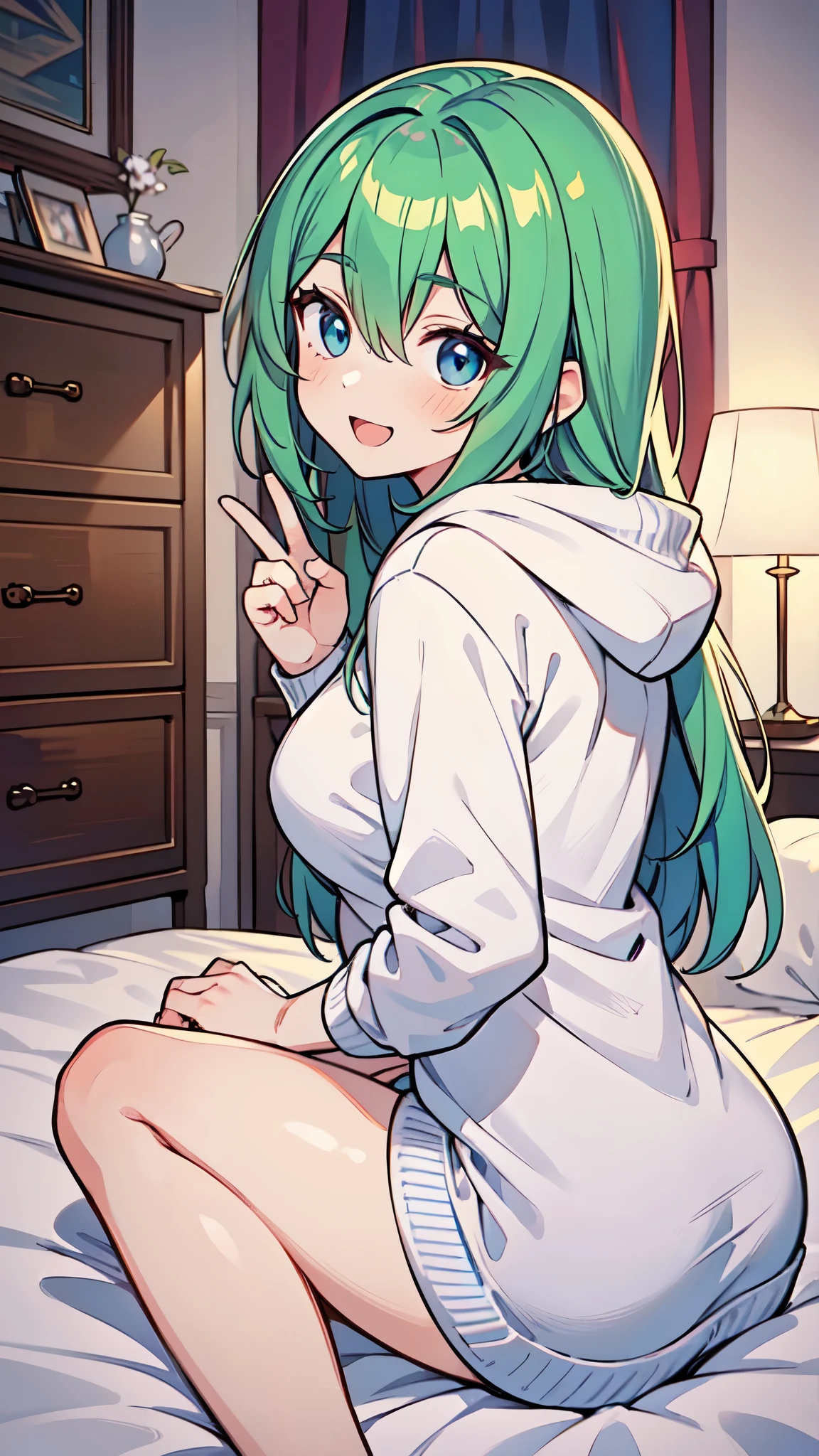((A Pretty girl with green hair and blue eyes lying on the bed)), ((wearing white hoodie)), ((heart sign)), Baby face, ((master piece, top-quality, ultra-definition, high resolution)), anime girl, ((ultra-detailed illust:1.2)), only one person, bangs, hair between eye, beautiful hair, Beautiful eyes, Medium breasts, thighs, Big smile, opened mouth, in the bedroom, turn back