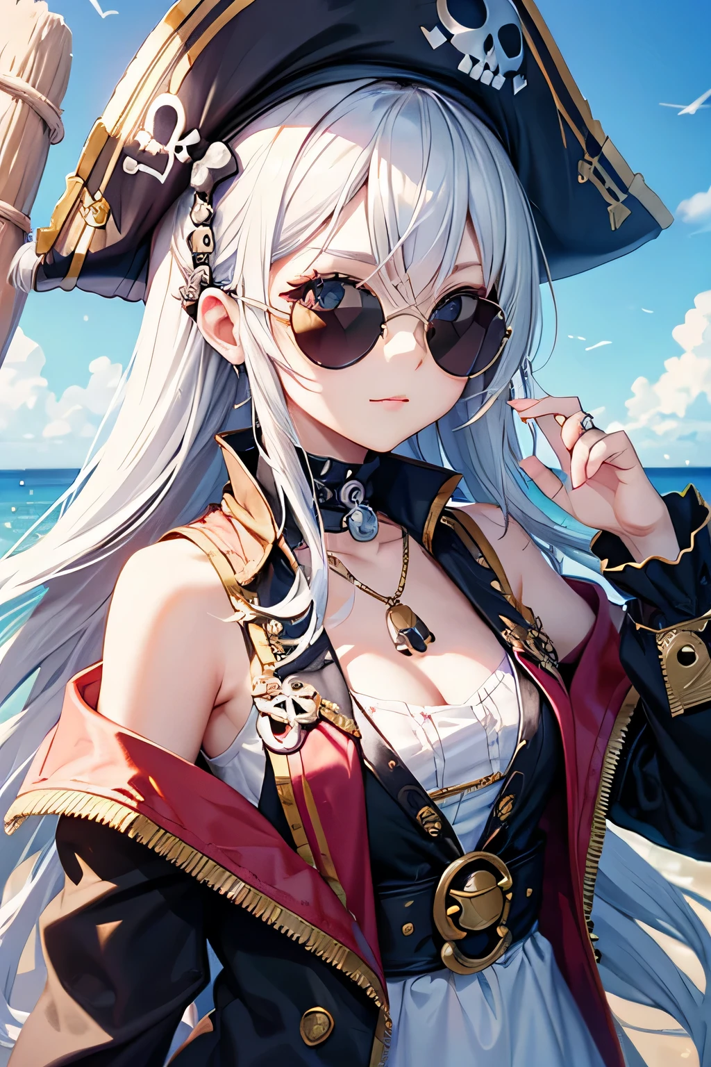 stylish design, cute lovely pirate skull, focus on the face, Stylish sunglasses, Fashionable hats, beautiful flower, highest quality