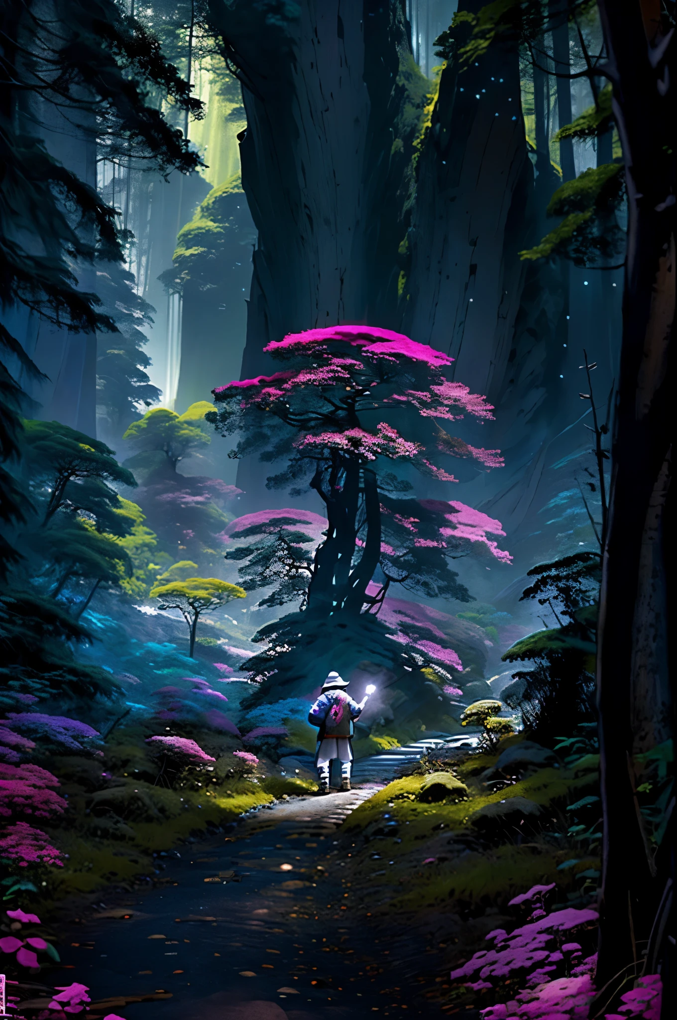 um rapaz chamado matheus, ele gostaa de fumar olhando as estrelas, in an extremely colorful psychedelic landscape, e ao lado dele um gato de borracha, com uma cartola vermelha, epic landscape