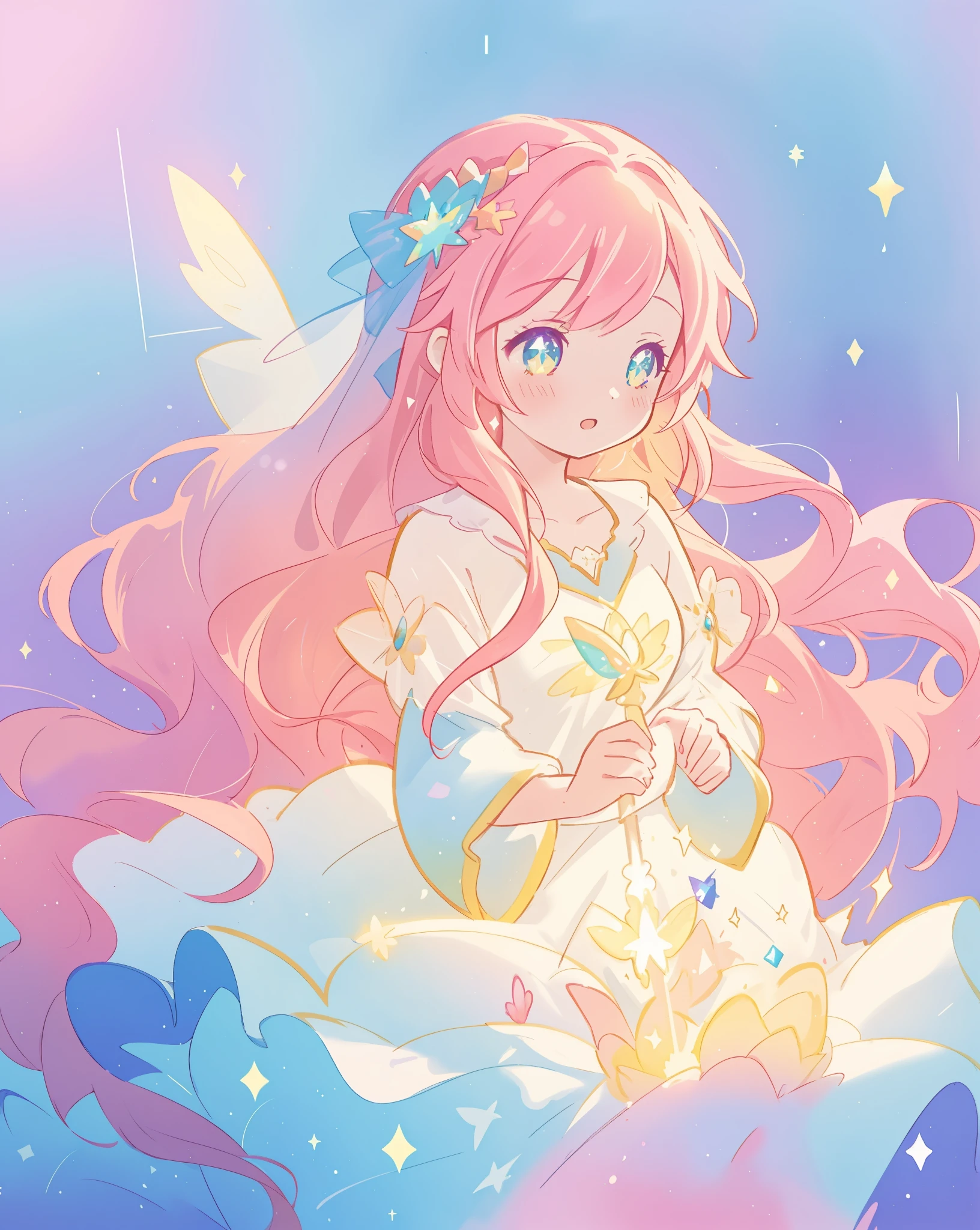 beautiful girl in sparkling gradient ballgown, long wavy peach pink hair, vibrant pastel colors, (colorful), colorful watercolor background, ethereal, magical lights, sparkling liquid light, inspired by Glen Keane, inspired by Lois van Baarle, disney art style, by Lois van Baarle, glowing aura around her, by Glen Keane, jen bartel, glowing lights! digital painting, flowing glowing hair, glowing flowing hair, beautiful digital illustration, fantasia background, whimsical, magical, fantasy, beautiful face, ((masterpiece, best quality)), intricate details, highly detailed, sharp focus, 8k resolution, sparkling detailed eyes, liquid watercolor