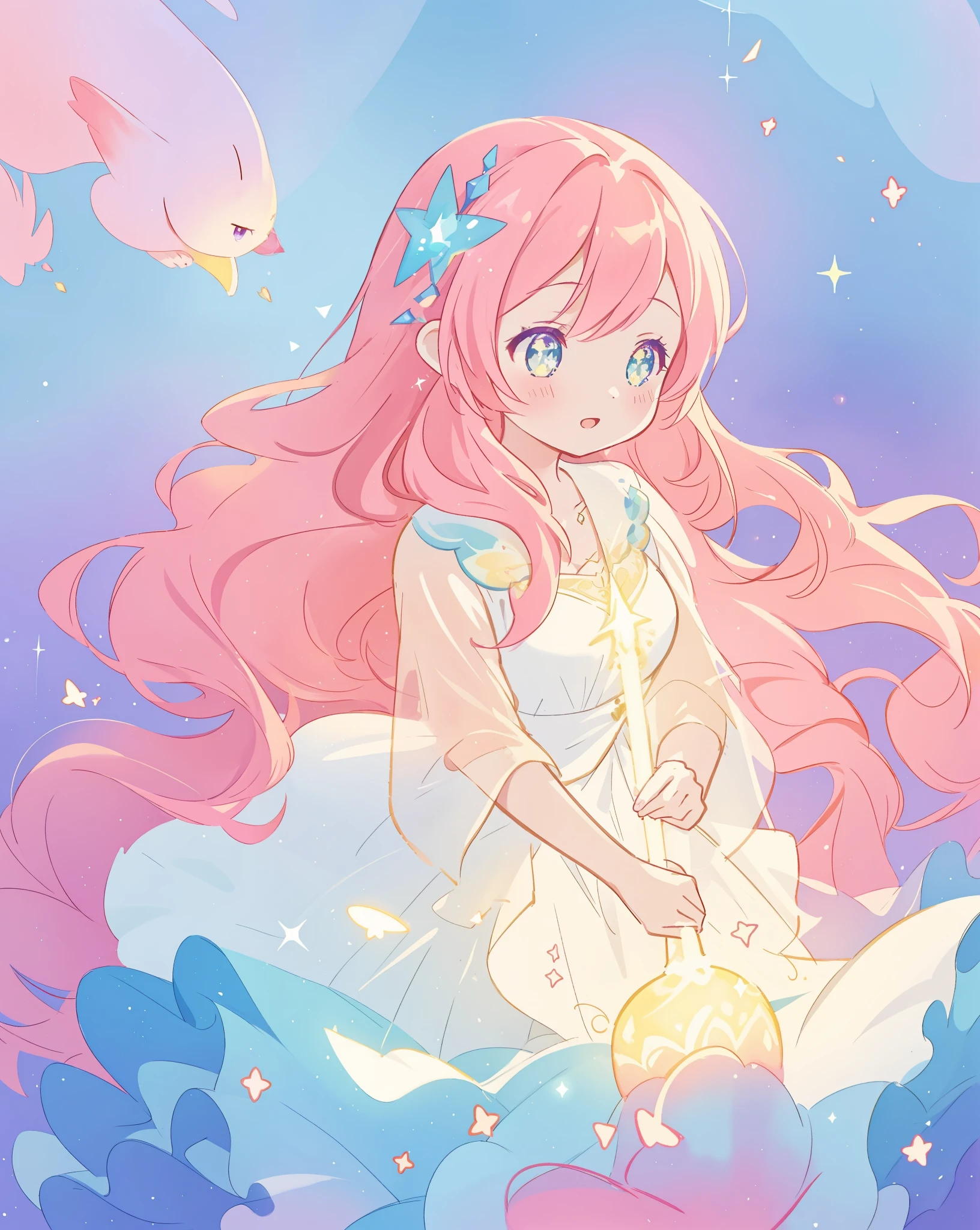 beautiful girl in sparkling gradient ballgown, long wavy peach pink hair, vibrant pastel colors, (colorful), colorful watercolor background, ethereal, magical lights, sparkling liquid light, inspired by Glen Keane, inspired by Lois van Baarle, disney art style, by Lois van Baarle, glowing aura around her, by Glen Keane, jen bartel, glowing lights! digital painting, flowing glowing hair, glowing flowing hair, beautiful digital illustration, fantasia background, whimsical, magical, fantasy, beautiful face, ((masterpiece, best quality)), intricate details, highly detailed, sharp focus, 8k resolution, sparkling detailed eyes, liquid watercolor