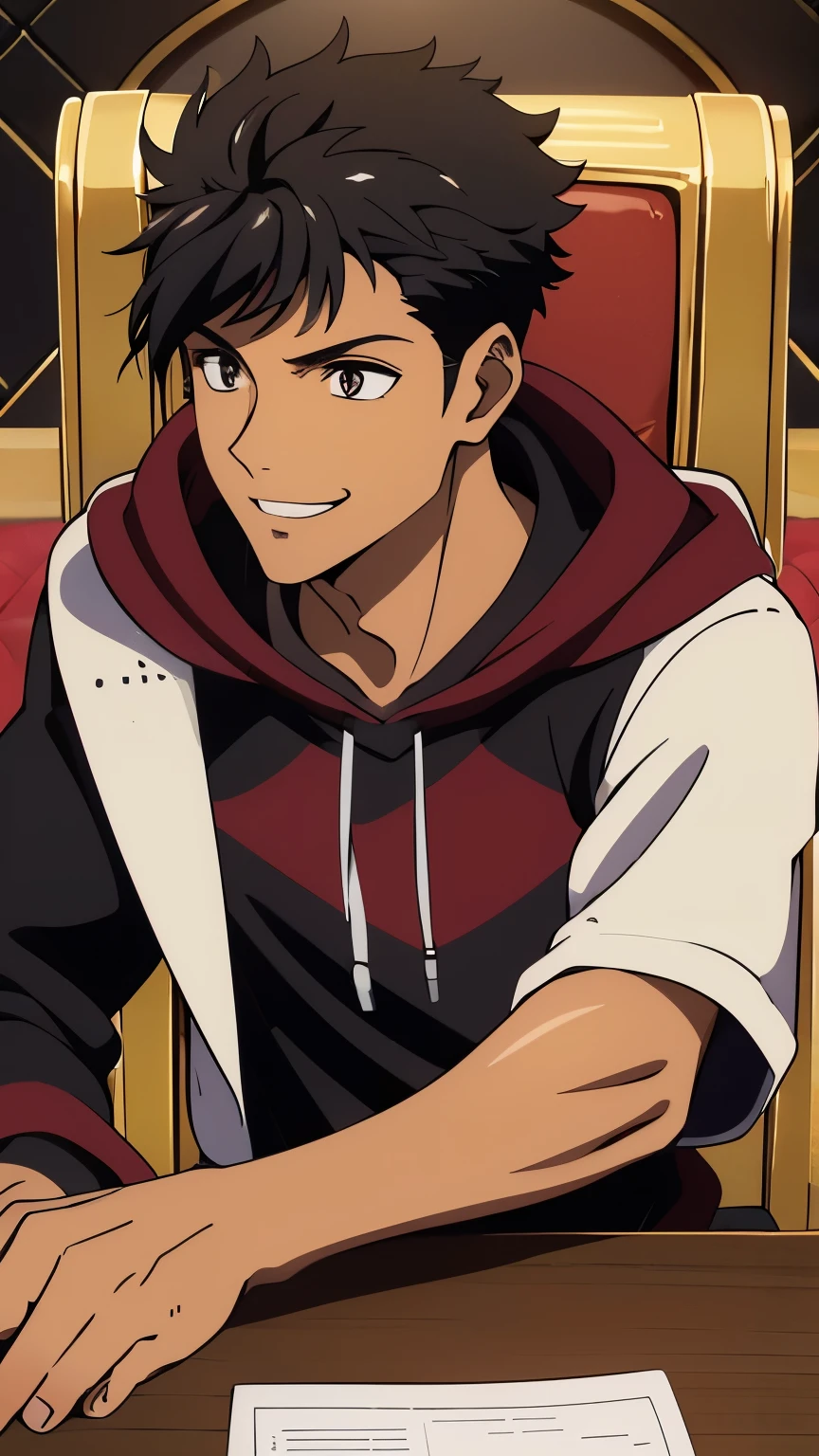 Tan skin, dark colored skin, black skin color, (high-quality, breathtaking),(expressive eyes, perfect face) portrait, 1boy, male, solo, adult, age 20, maroon colored eyes, dark red eyes, wearing black hoodie, cool black hoodie, wearing modern black hoodie, cheeky grin, sly smile, closed mouth sly smile, black hair, black hair with sides faded, short lock hairstyles, looking towards viewer dreamily, big masterpiece, best quality, extremely detailed CG, beautiful detailed eyes, ultra-detailed, intricate details:1.2), 8k wallpaper, elaborate features, glistening shiny, glowing light, ray tracing, HDR, deph of field, (perfect face), HD, perfect lighting, ((beautiful detailed eyelashes)), siting in a fancy chair, wearing black, one large bangs