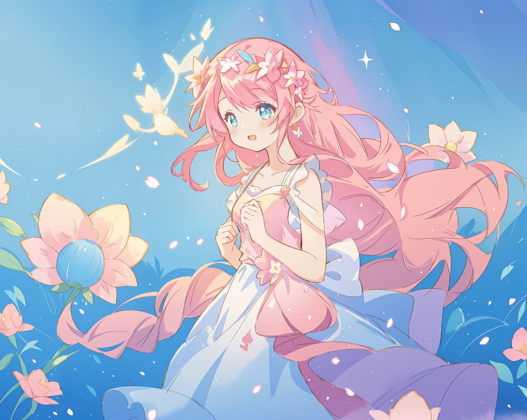 beautiful girl in sparkling flowing dress, long flowing pink hair, colorful fantasia background, watercolor illustration, disney art style, glowing aura around her, glowing lights, beautiful digital illustration, fantasia otherworldly landscape plants flowers, beautiful, masterpiece, best quality, anime disney style