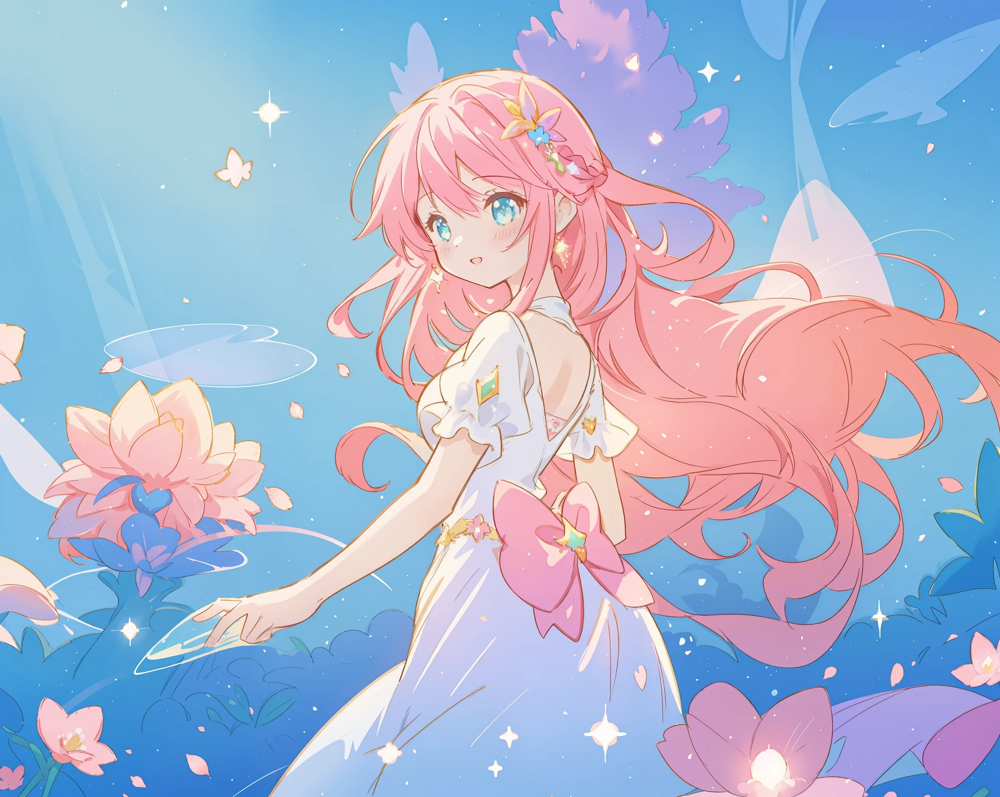 beautiful girl in sparkling flowing dress, long flowing pink hair, colorful fantasia background, watercolor illustration, disney art style, glowing aura around her, glowing lights, beautiful digital illustration, fantasia otherworldly landscape plants flowers, beautiful, masterpiece, best quality, anime disney style