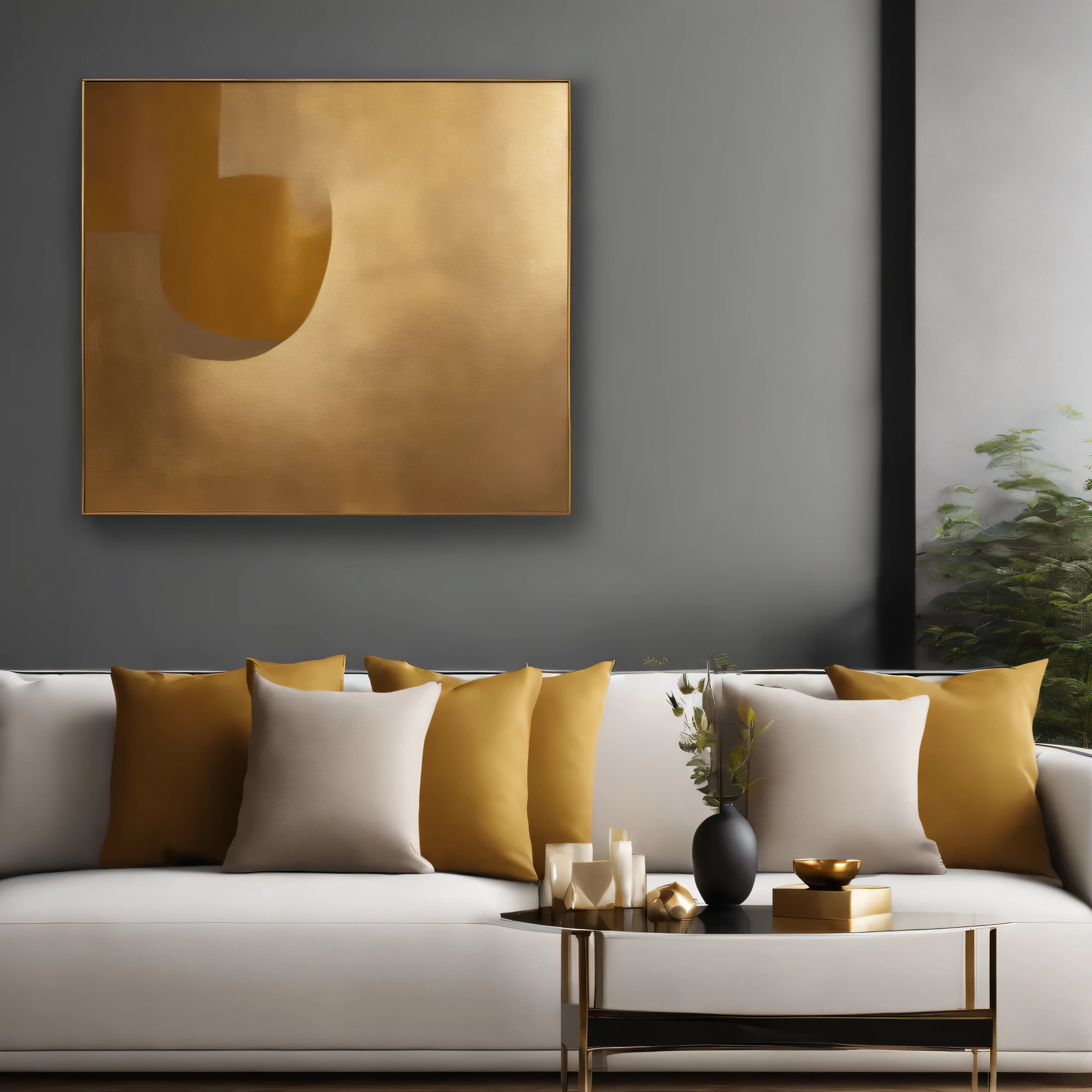 Close-up of sofa with pillows and table with vase, modern art style, gold leaf painting, abstract简约, gold leaf art, abstract几何艺术, canvas art print, abstract简约艺术, canvas art, abstract简约, abstract油画, abstract, pop art, 几何abstract, medieval art