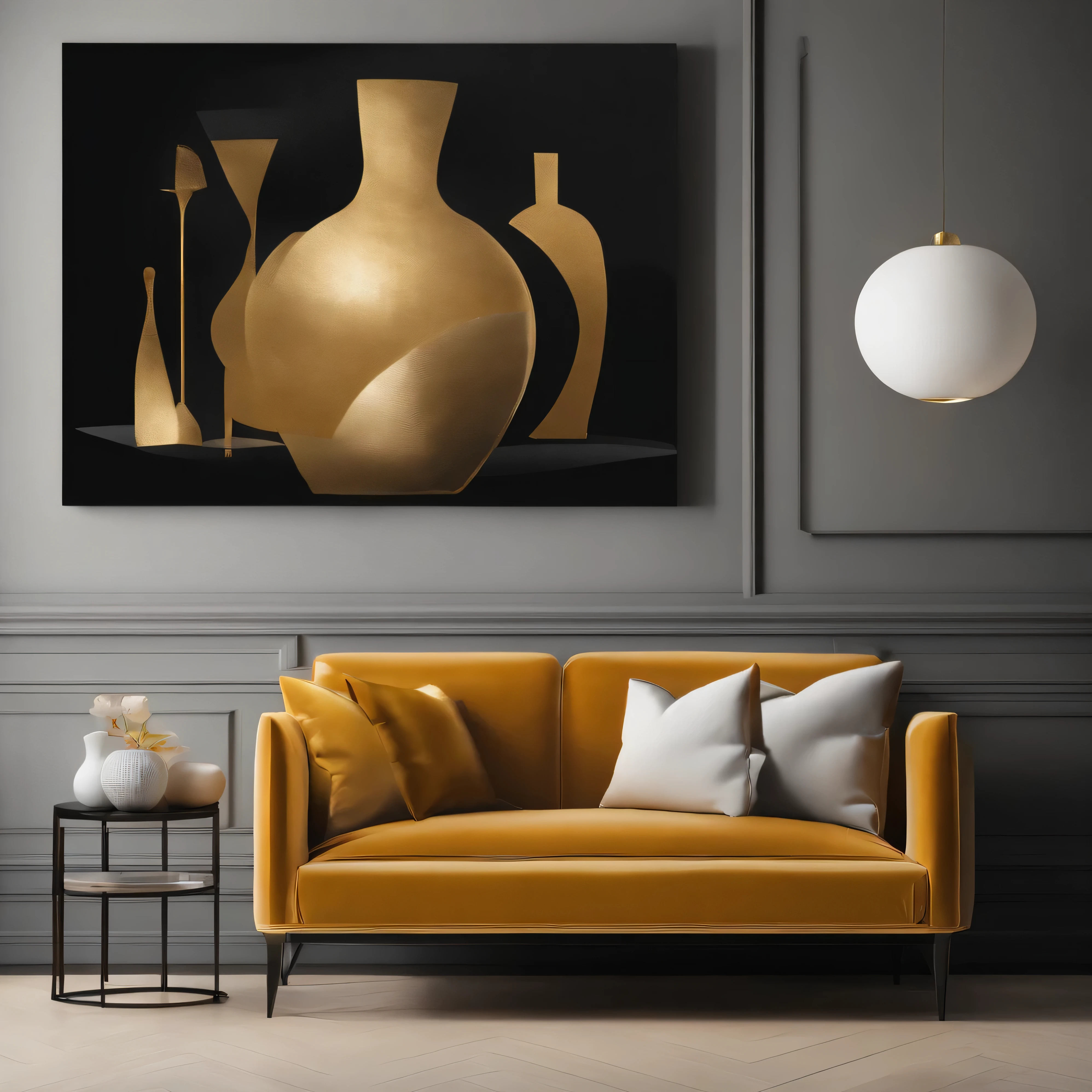 Close-up of sofa with pillows and table with vase, modern art style, gold leaf painting, abstract简约, gold leaf art, abstract几何艺术, canvas art print, abstract简约艺术, canvas art, abstract简约, abstract油画, abstract, pop art, 几何abstract, medieval art