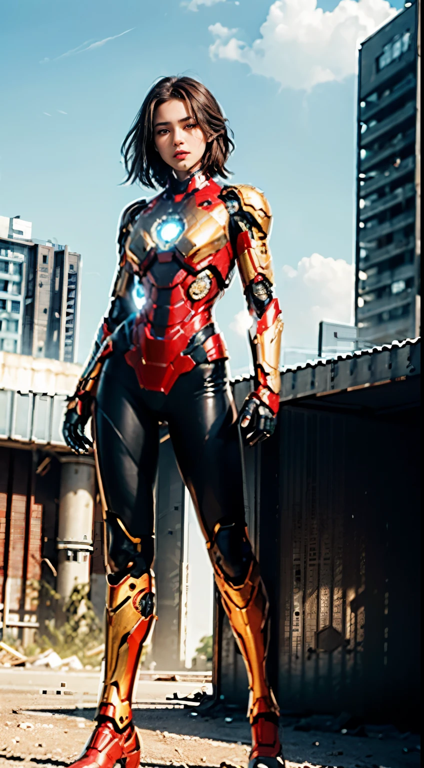 Beautiful Somalia / Dominican girl , detailed facial features, with perfect body, beautiful lips , athletic body , jaw dropping , as Ironman , in futuristic Ironman mech, red and gold scheme , full body , city destroyed in war in the background
