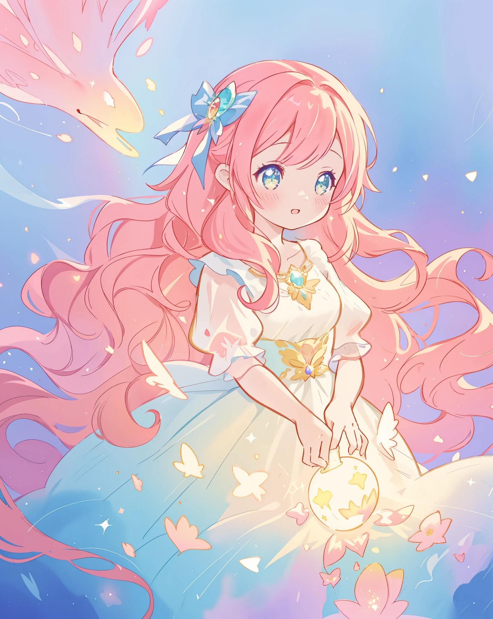 beautiful girl in sparkling gradient ballgown, long wavy peach pink hair, vibrant pastel colors, (colorful), colorful watercolor background, ethereal, magical lights, sparkling liquid light, inspired by Glen Keane, inspired by Lois van Baarle, disney art style, by Lois van Baarle, glowing aura around her, by Glen Keane, jen bartel, glowing lights! digital painting, flowing glowing hair, glowing flowing hair, beautiful digital illustration, fantasia background, whimsical, magical, fantasy, beautiful face, ((masterpiece, best quality)), intricate details, highly detailed, sharp focus, 8k resolution, sparkling detailed eyes, liquid watercolor