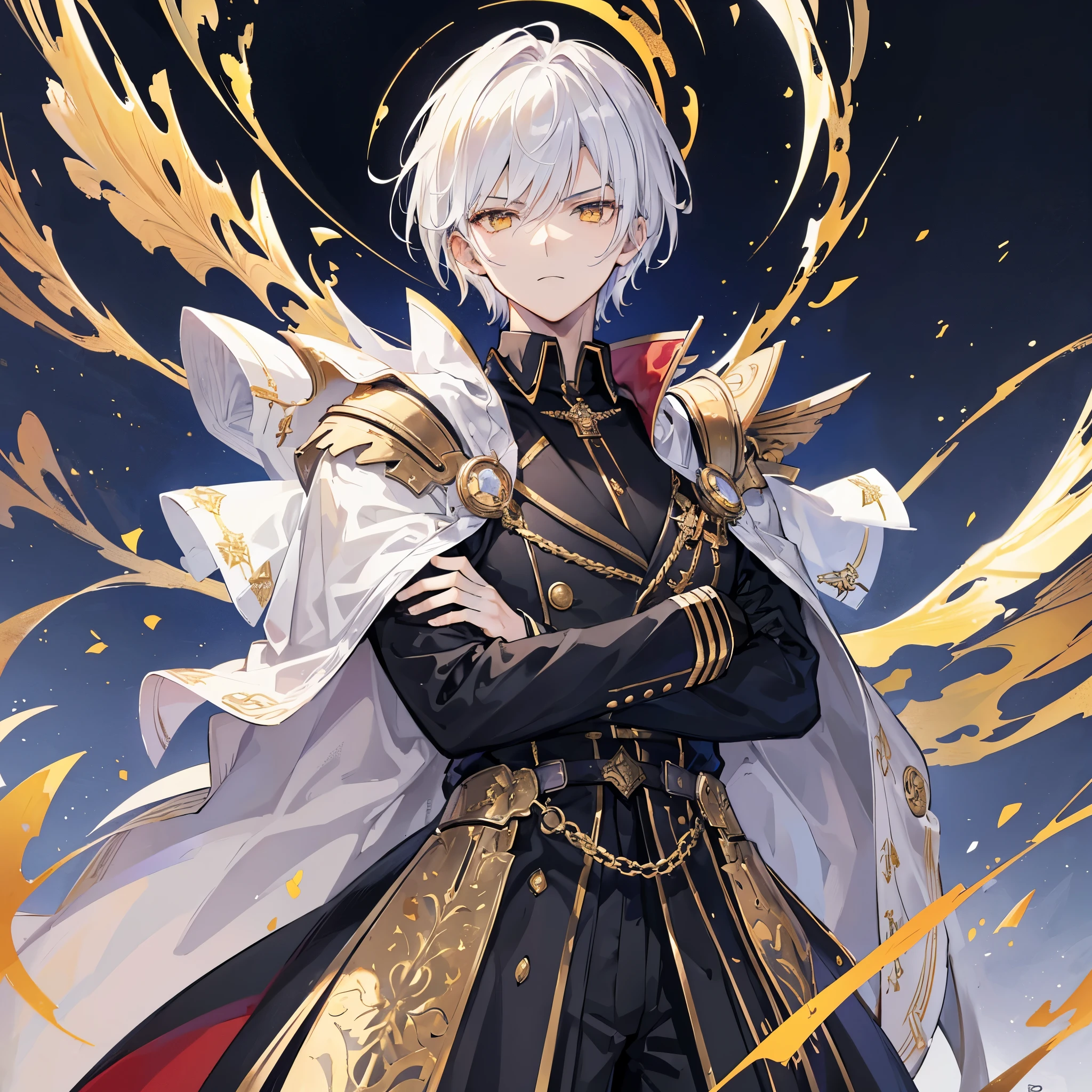 Handsome male, 1male, 17 years old, teenager, golden lining, short white hair, gold eyes, devil may cry, close up, calm expression, stoic, black military clothes, black cape, black gloves, crossed arms, upper body, looking at viewer, cowboy shot, white cosmic dragon background