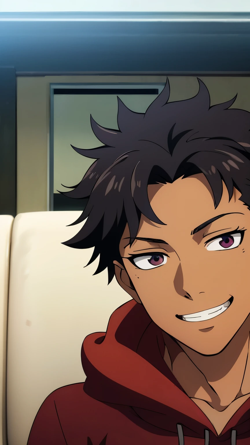 Tan skin, dark colored skin, black skin color, (high-quality, breathtaking),(expressive eyes, perfect face) portrait, 1boy, male, solo, adult, age 20, maroon colored eyes, dull maroon eyes, wearing black hoodie, cool black hoodie, wearing modern black hoodie, cheeky grin, sly smile, closed mouth sly smile, black hair, black hair with sides faded, short lock hairstyles, looking towards viewer dreamily, big masterpiece, best quality, extremely detailed CG, beautiful detailed eyes, ultra-detailed, intricate details:1.2), 8k wallpaper, elaborate features, glistening shiny, glowing light, ray tracing, HDR, deph of field, (perfect face), HD, perfect lighting, ((beautiful detailed eyelashes)), siting in a fancy chair, wearing black, one large bangs