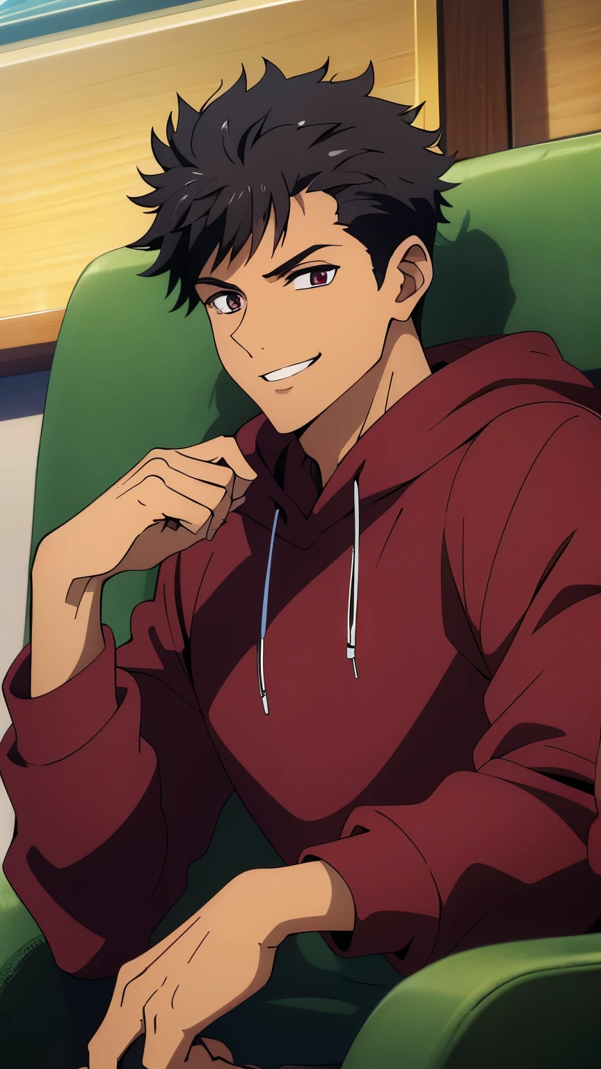 Tan skin, dark colored skin, black skin color, (high-quality, breathtaking),(expressive eyes, perfect face) portrait, 1boy, male, solo, adult, age 20, maroon colored eyes, dark red eyes, wearing black hoodie, cool black hoodie, wearing modern black hoodie, cheeky grin, sly smile, closed mouth sly smile, black hair, black hair with sides faded, short lock hairstyles, looking towards viewer dreamily, big masterpiece, best quality, extremely detailed CG, beautiful detailed eyes, ultra-detailed, intricate details:1.2), 8k wallpaper, elaborate features, glistening shiny, glowing light, ray tracing, HDR, deph of field, (perfect face), HD, perfect lighting, ((beautiful detailed eyelashes)), siting in a fancy chair, wearing black, one large bangs