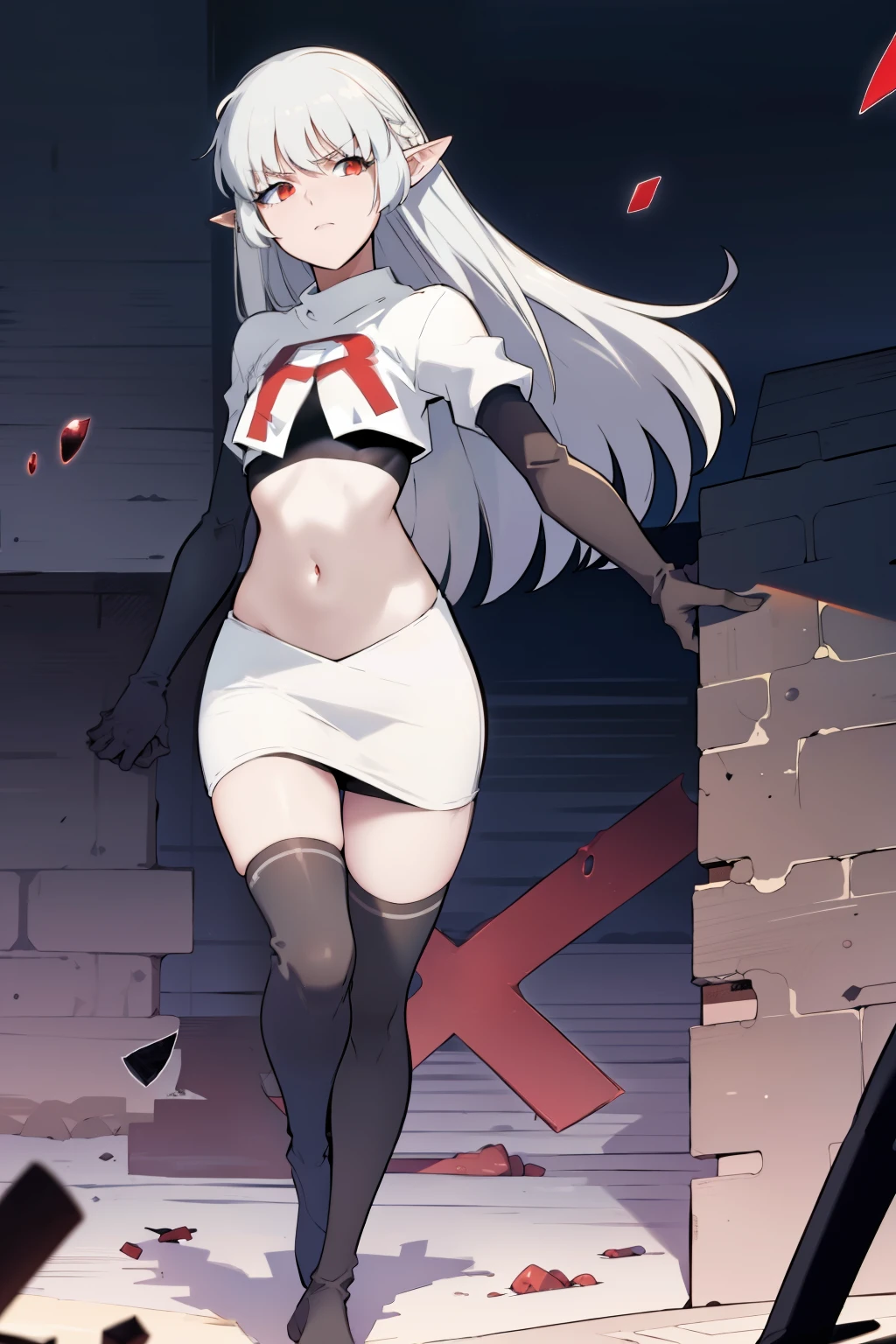 best quality, (masterpiece:1.2), detailed,
alice,
grey hair, long hair, red eyes, pointy ears, small breasts,
team rocket,team rocket uniform, red letter R, white skirt,white crop top,black thigh-highs,black elbow gloves,
looking at the viewer,