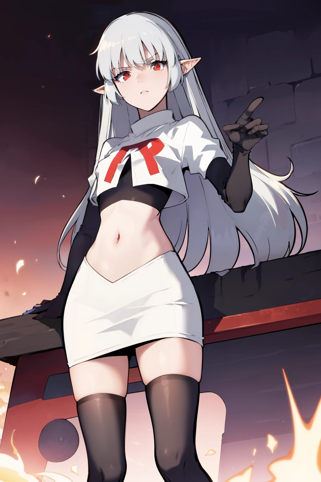 best quality, (masterpiece:1.2), detailed,
alice,
grey hair, long hair, red eyes, pointy ears, small breasts,
team rocket,team rocket uniform, red letter R, white skirt,white crop top,black thigh-highs,black elbow gloves,
looking at the viewer,