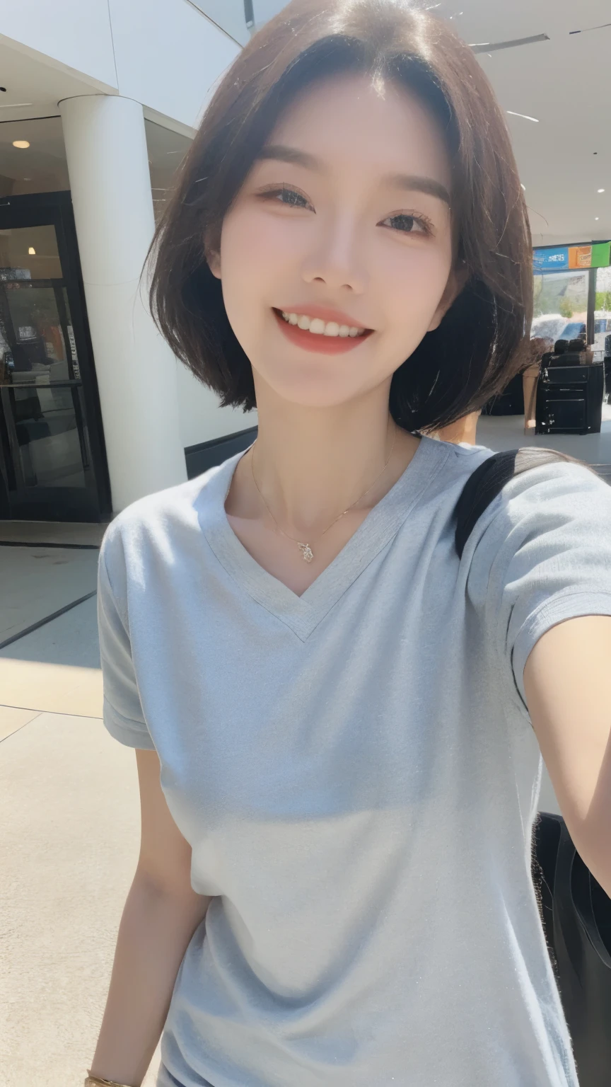 individual，young girl，23 years old, （（dress）），fine hair, Detailed faces, plump figure, Short hair details, Look up, There is a beauty mole， Taikoo Li，Standing whole body，laughing out loud，shop